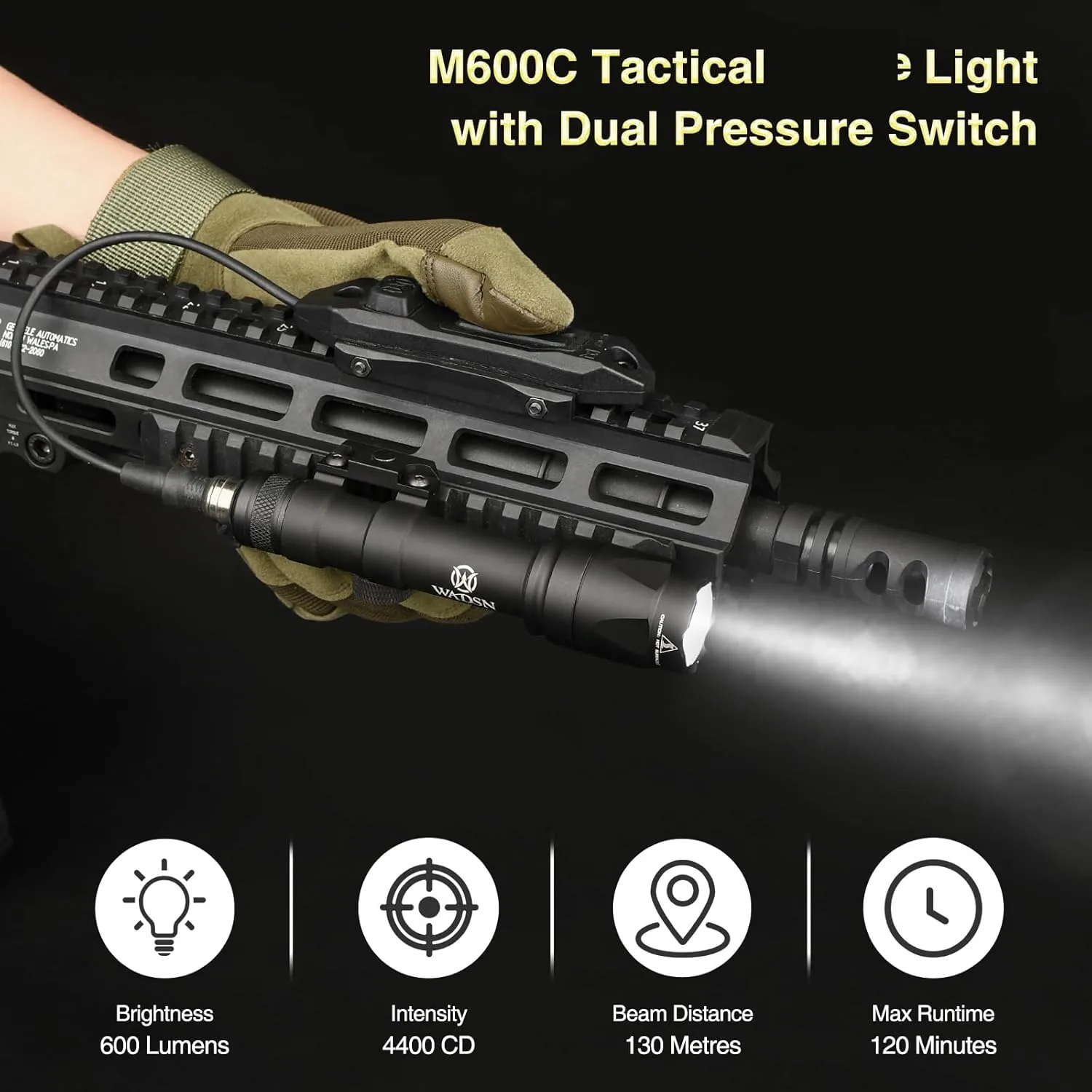 M600C Weapon Light with Dual Pressure Switch for Mlok/keymod / 20mm Picatinny Rail, 600 Lumens Tactical Flashlights with Constant/Momentary Modes for Outdoor Adventure Sports