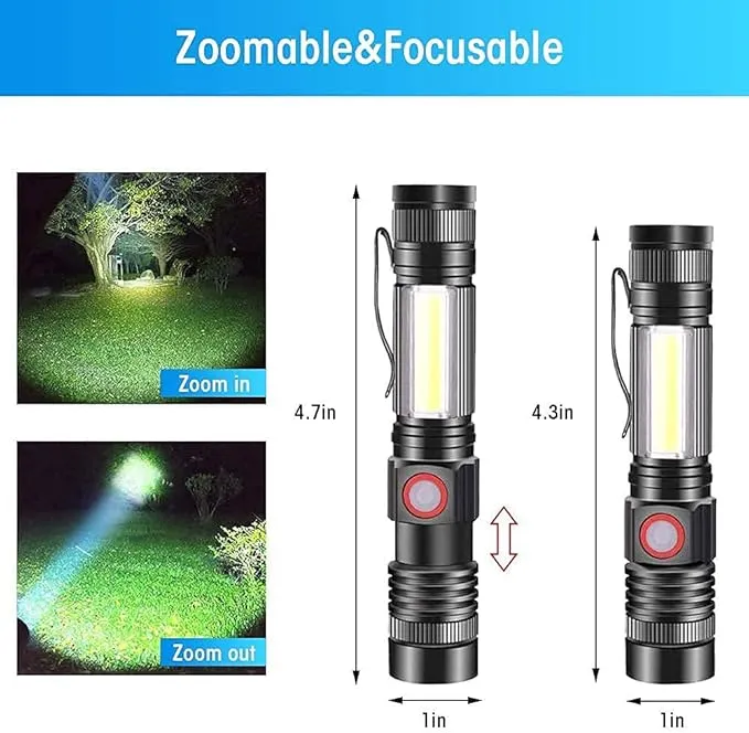 Magnetic Flashlight USB Rechargeable, Work Flash Light 2000Lumens, Super Bright LED Flash Light with COB, Zoomable IP65 Water-Resistant Tactical Flashlights Camping