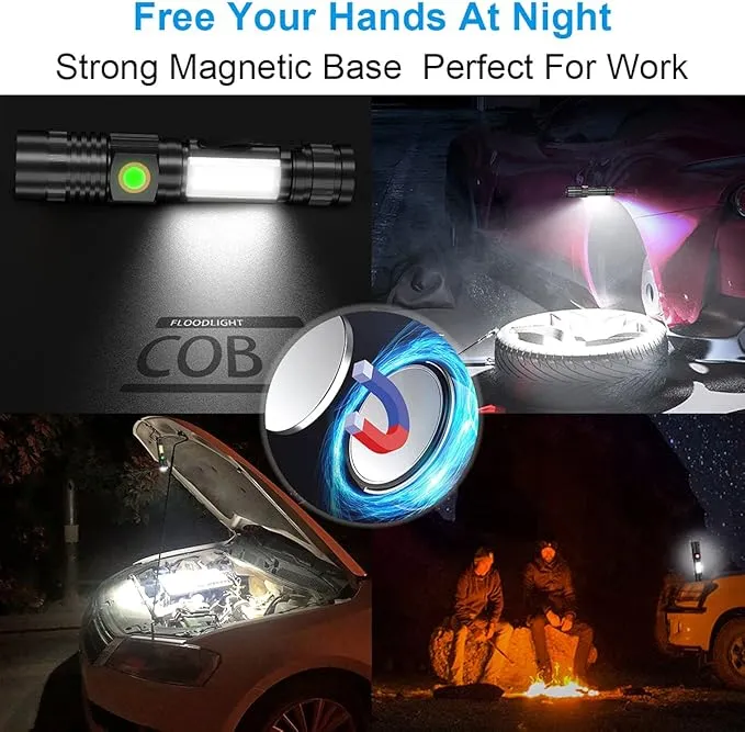 Magnetic Flashlight USB Rechargeable, Work Flash Light 2000Lumens, Super Bright LED Flash Light with COB, Zoomable IP65 Water-Resistant Tactical Flashlights Camping