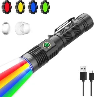 Magnetic Flashlights Rechargeable 200000 High Lumens, Super Bright LED Handheld Flashlight, Powerful Multi-Color Tactical Flash Light with Red Green Blue Yellow Filters, Best for Camping Hunting