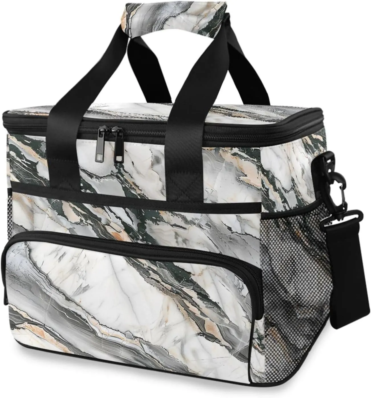 Marble White Gray Marble Cooler Bag Insulated Cooler Soft Sided Cooler 24 Can Portable Picnic Bag Large Leakproof Lunch Bag Box for Beach Grocery Camping Travel Car Men Women