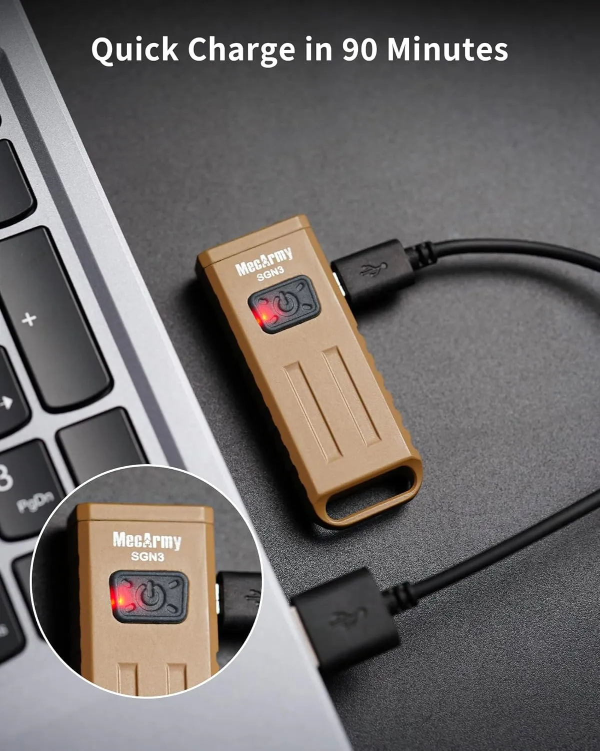 MecArmy SGN3 Mini Portable USB Rechargeable Multifunctional Keychain Flashlight|UV RED White Lights for Selectable| LED with 160 Lumens|Micro USB Recharge Designed for Everyday Carry (Tan)