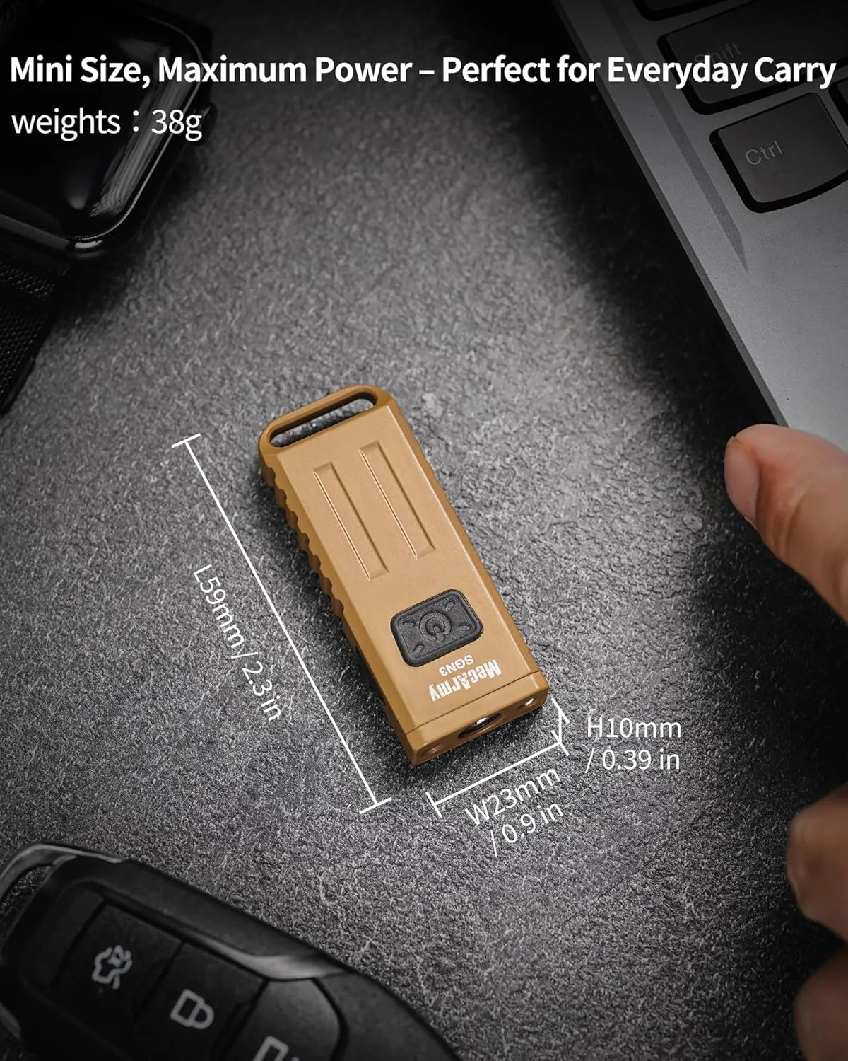 MecArmy SGN3 Mini Portable USB Rechargeable Multifunctional Keychain Flashlight|UV RED White Lights for Selectable| LED with 160 Lumens|Micro USB Recharge Designed for Everyday Carry (Tan)