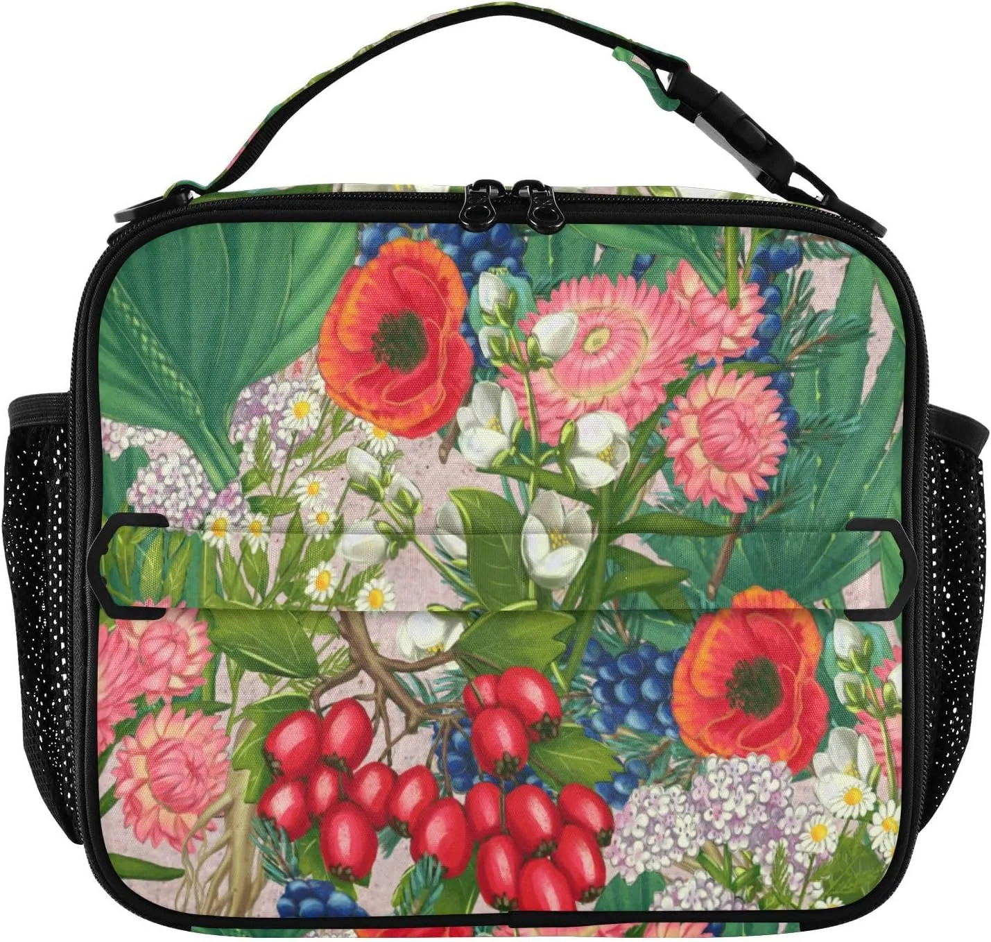 Medicinal Plant Poppy Lunch Box Tropical Flowers Grapes Meal Tote Kids Lunch Bag Insulated Reusable Cooler Soft Shoulder Bag Mini Cooling Back to School