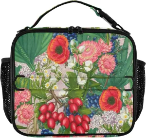 Medicinal Plant Poppy Lunch Box Tropical Flowers Grapes Meal Tote Kids Lunch Bag Insulated Reusable Cooler Soft Shoulder Bag Mini Cooling Back to School