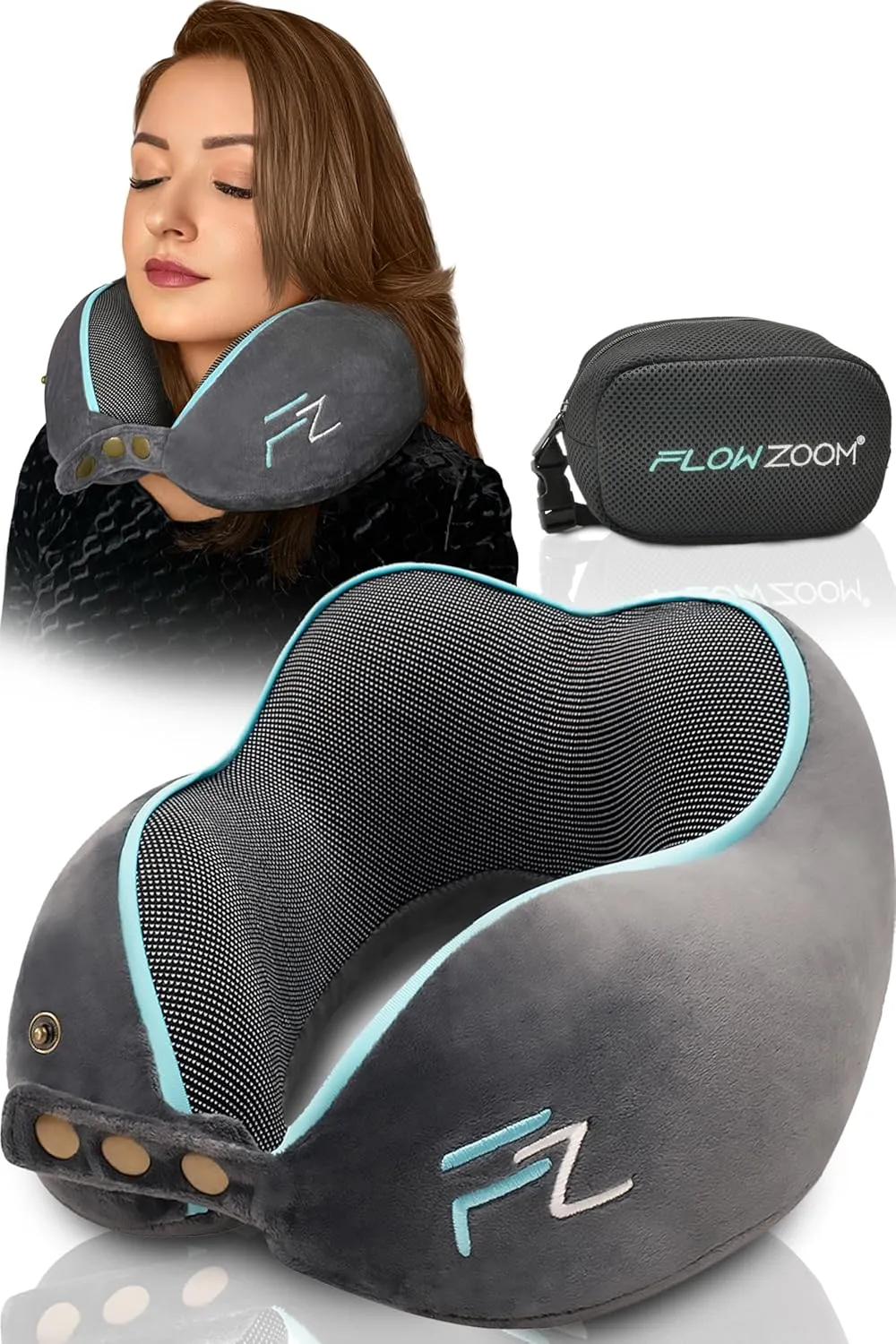 Memory Foam Travel Pillow for Airplanes & Car Rides – Adjustable Airplane Pillow with 360° Chin and Neck Support for Comfy Naps, Extra-Soft Washable Neck Pillow Cover, Squeezy Mesh Bag – Grey