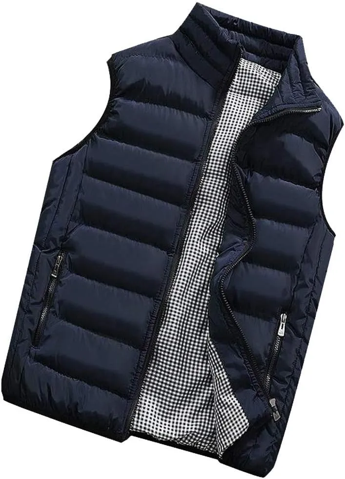 Men Winter Vest Winter Fashion Casual Solid Color Zipper Collar Pocket Hoodless Sleeveless Cotton Padded Puffer