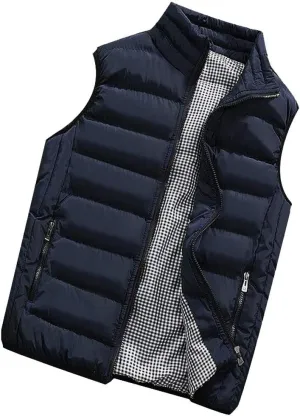 Men Winter Vest Winter Fashion Casual Solid Color Zipper Collar Pocket Hoodless Sleeveless Cotton Padded Puffer