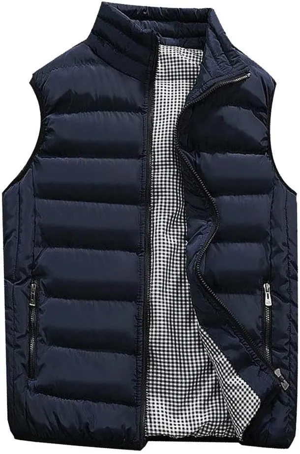 Men Winter Vest Winter Fashion Casual Solid Color Zipper Collar Pocket Hoodless Sleeveless Cotton Padded Puffer