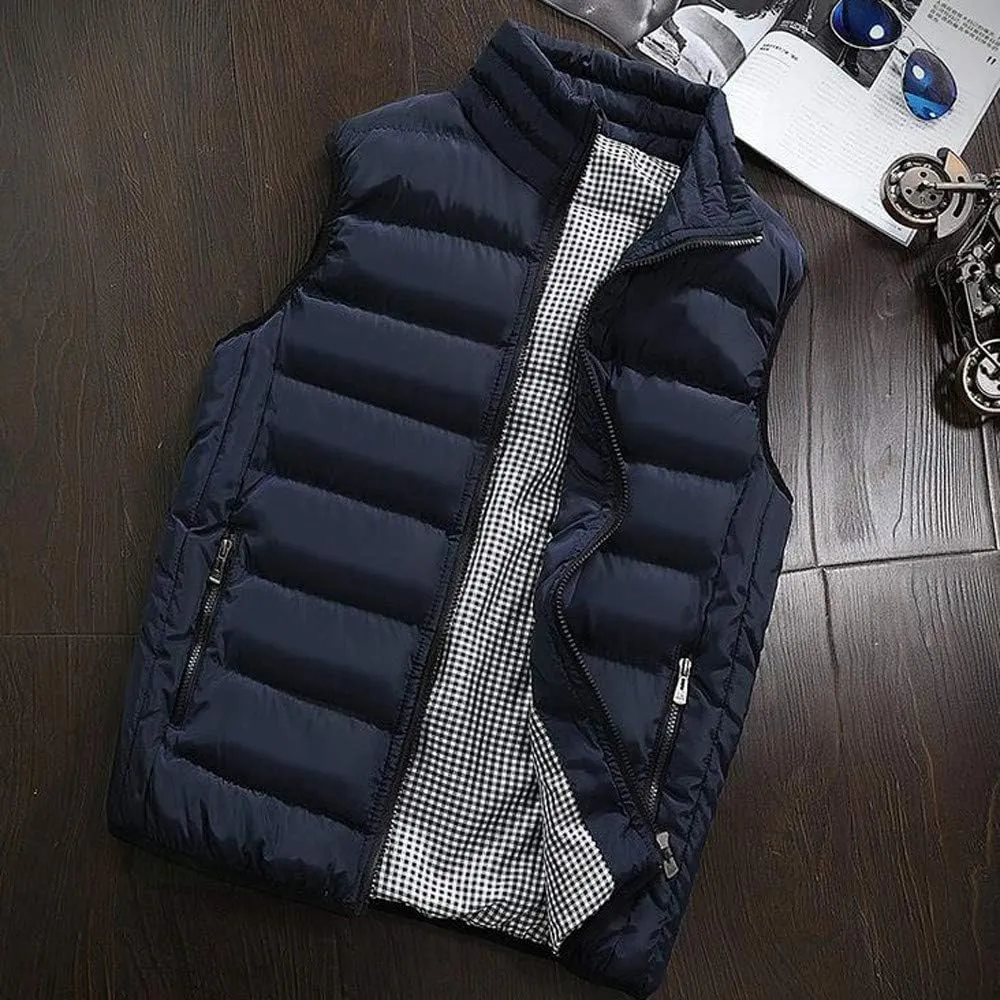 Men Winter Vest Winter Fashion Casual Solid Color Zipper Collar Pocket Hoodless Sleeveless Cotton Padded Puffer