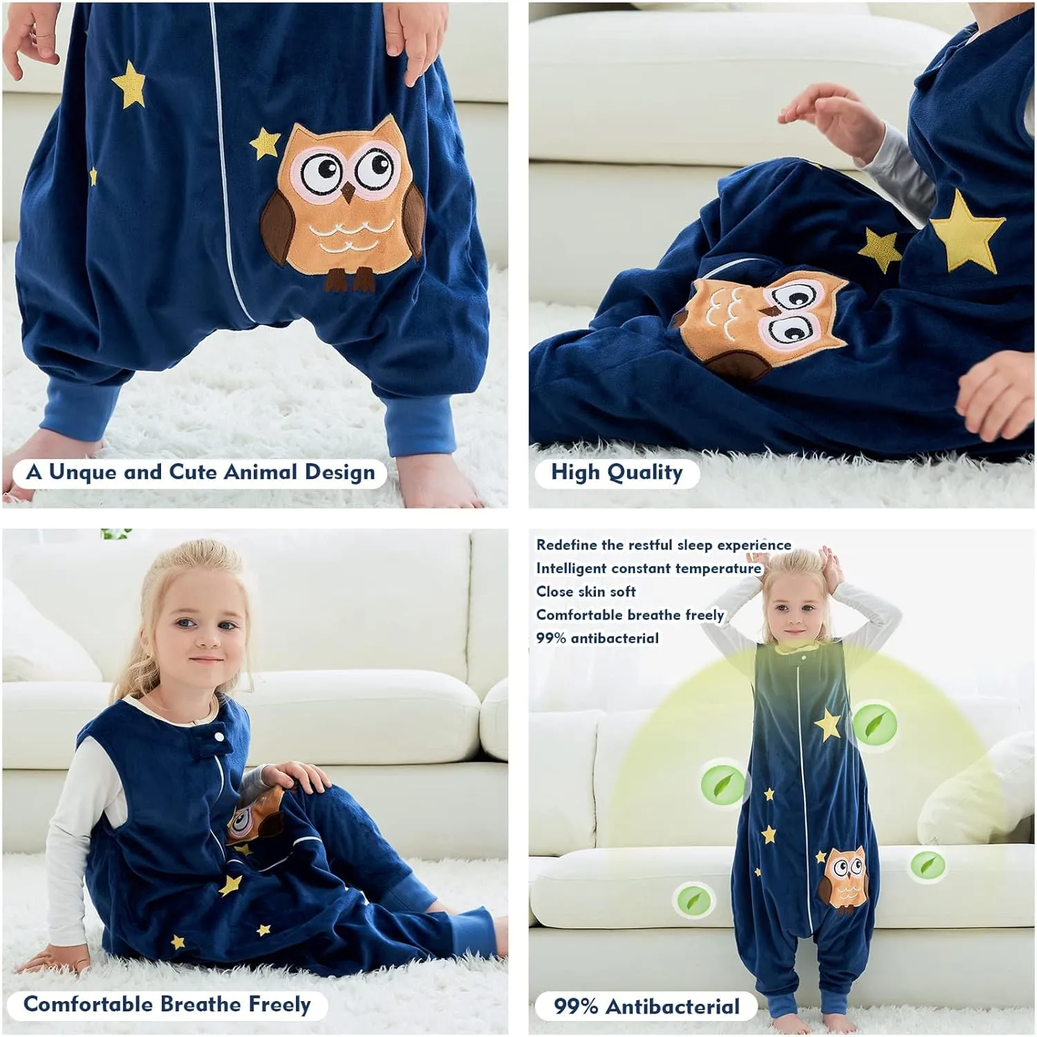 MICHLEY Toddler Sleeping Sack with Feet Newborn Infant Sleeveless Sleeping Bag 2-way Zipper Baby Wearable Blanket for Walkers,Dark Blue Owl,1-3T