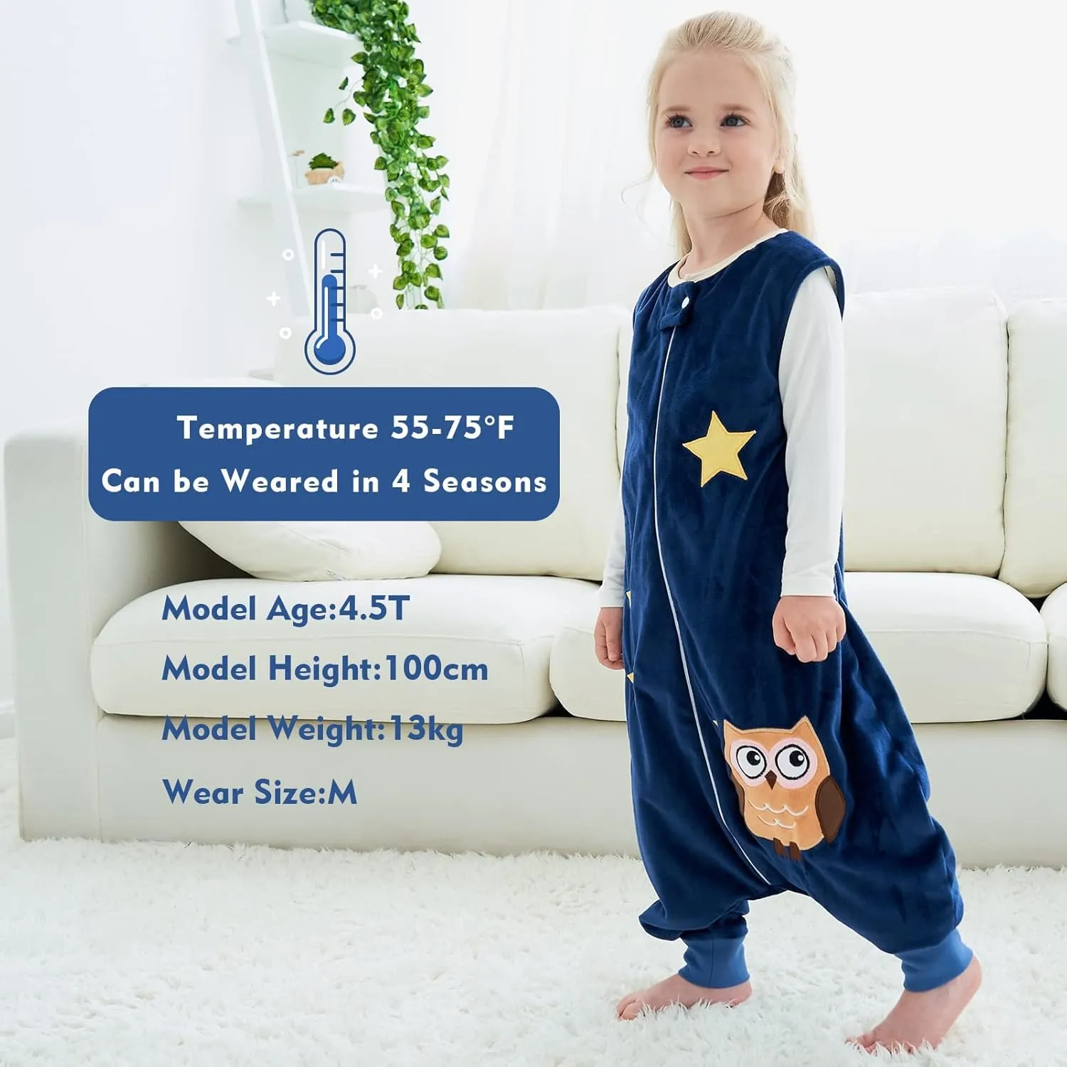 MICHLEY Toddler Sleeping Sack with Feet Newborn Infant Sleeveless Sleeping Bag 2-way Zipper Baby Wearable Blanket for Walkers,Dark Blue Owl,1-3T