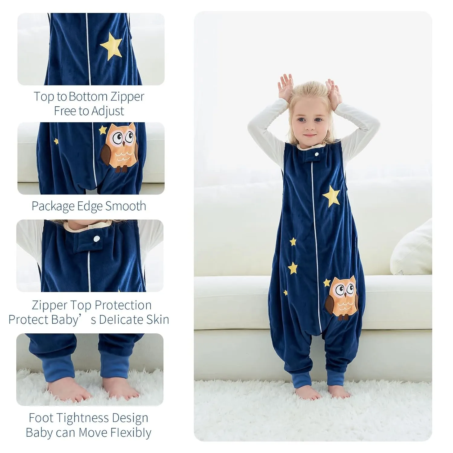 MICHLEY Toddler Sleeping Sack with Feet Newborn Infant Sleeveless Sleeping Bag 2-way Zipper Baby Wearable Blanket for Walkers,Dark Blue Owl,1-3T