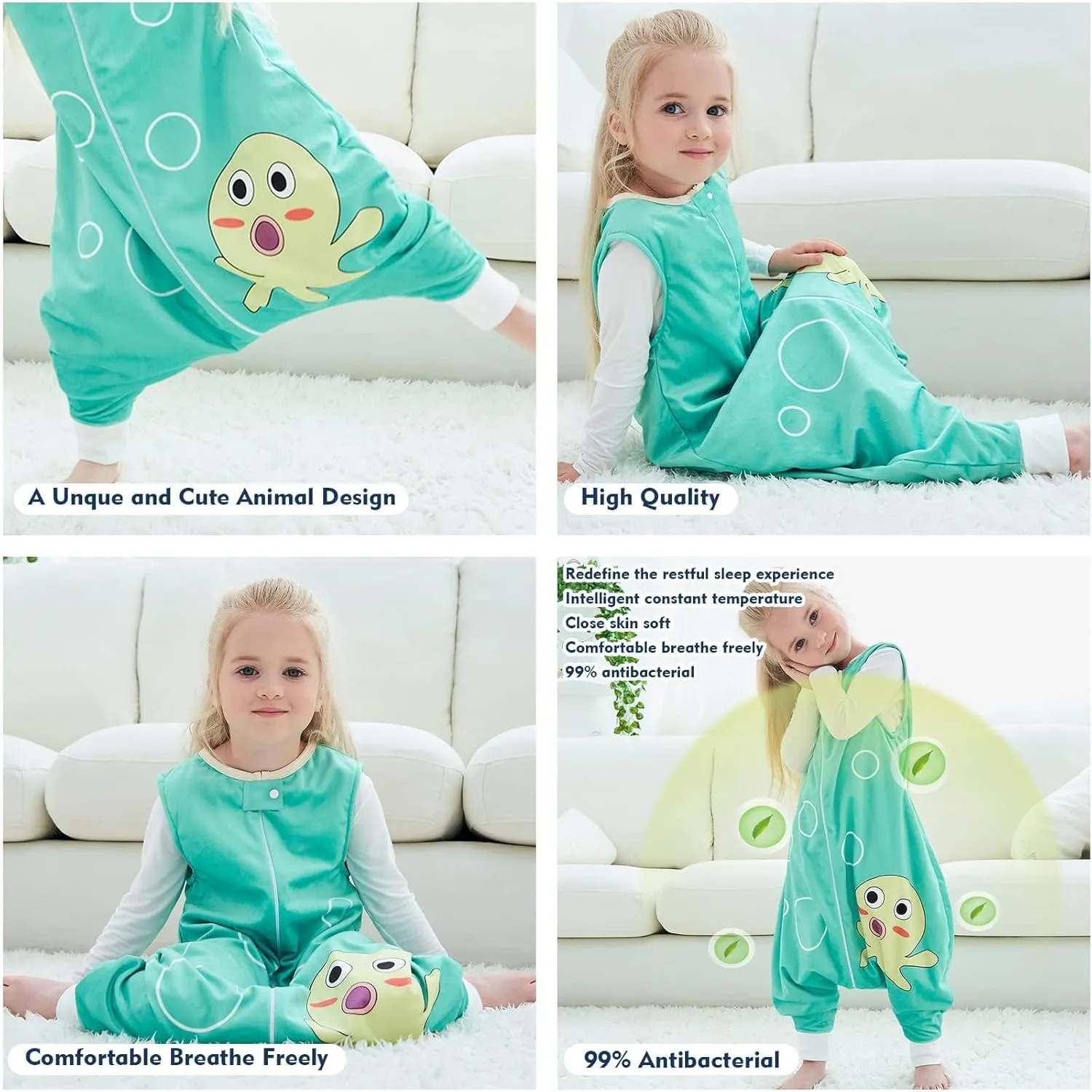 MICHLEY Toddler Sleeping Sack with Feet Newborn Infant Sleeveless Sleeping Bag 2-way Zipper Baby Wearable Blanket for Walkers,Green Octopus,5-6T