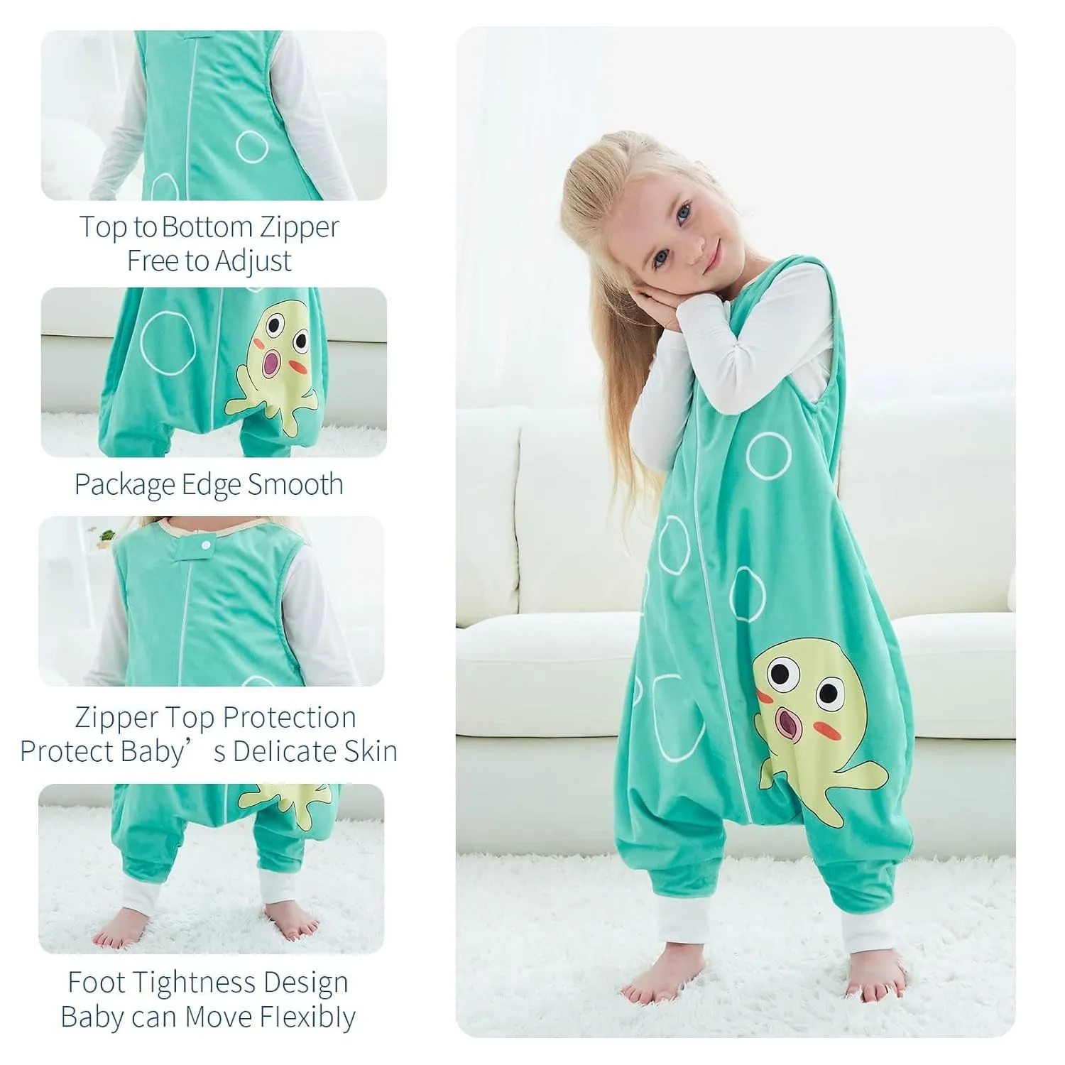 MICHLEY Toddler Sleeping Sack with Feet Newborn Infant Sleeveless Sleeping Bag 2-way Zipper Baby Wearable Blanket for Walkers,Green Octopus,5-6T