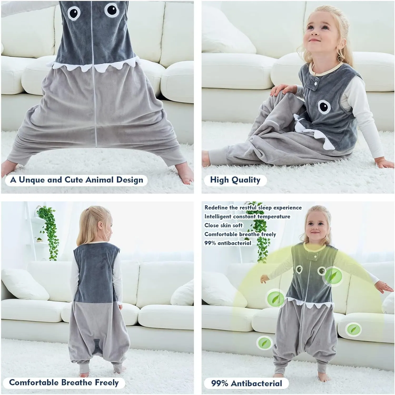 MICHLEY Toddler Sleeping Sack with Feet Newborn Infant Sleeveless Sleeping Bag 2-way Zipper Baby Wearable Blanket for Walkers,Grey Shark,1-3T