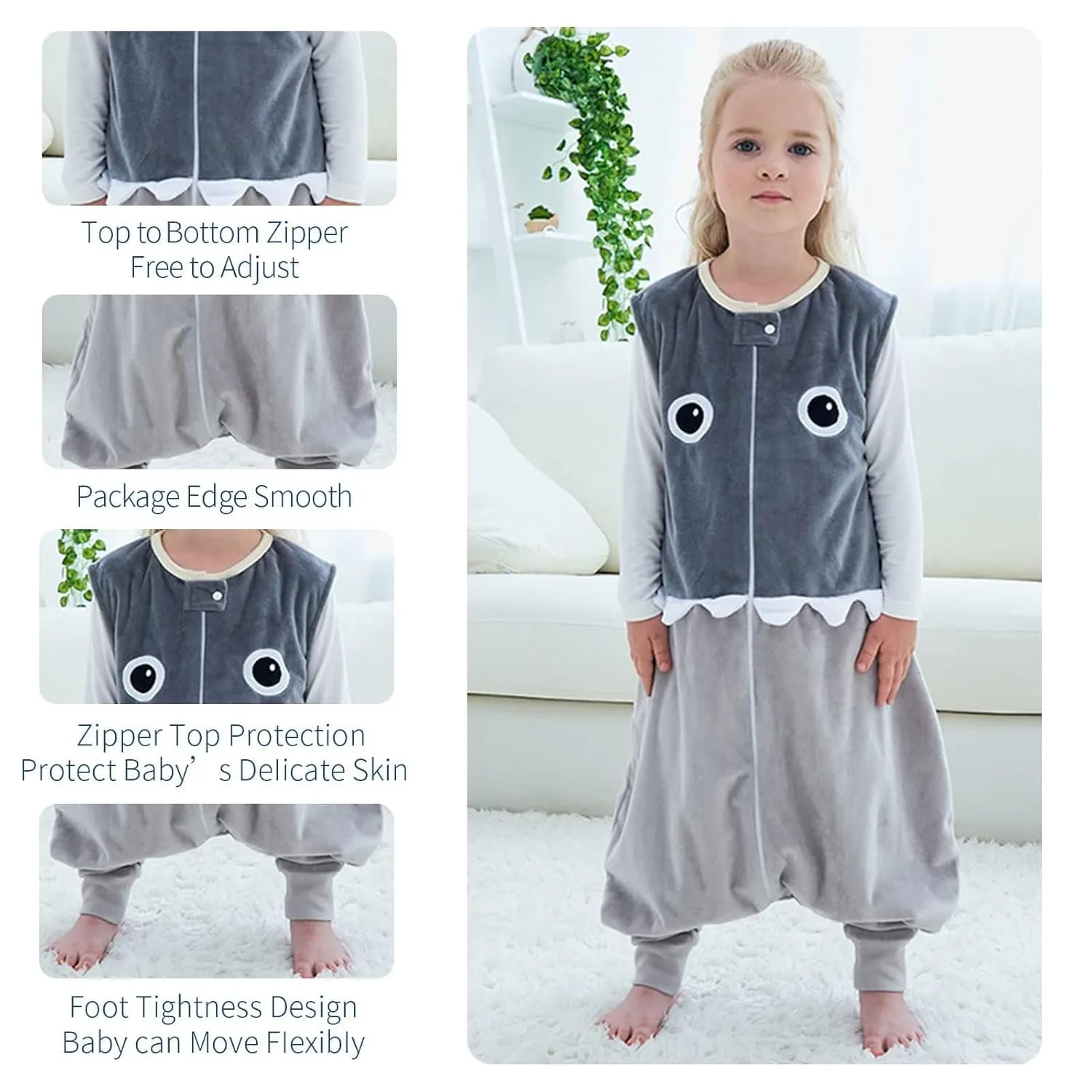 MICHLEY Toddler Sleeping Sack with Feet Newborn Infant Sleeveless Sleeping Bag 2-way Zipper Baby Wearable Blanket for Walkers,Grey Shark,1-3T