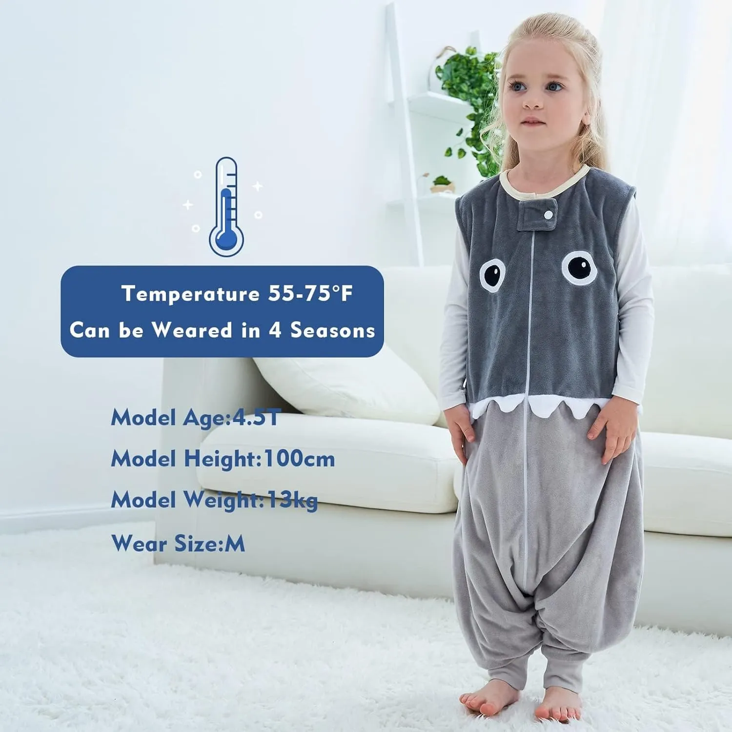 MICHLEY Toddler Sleeping Sack with Feet Newborn Infant Sleeveless Sleeping Bag 2-way Zipper Baby Wearable Blanket for Walkers,Grey Shark,1-3T
