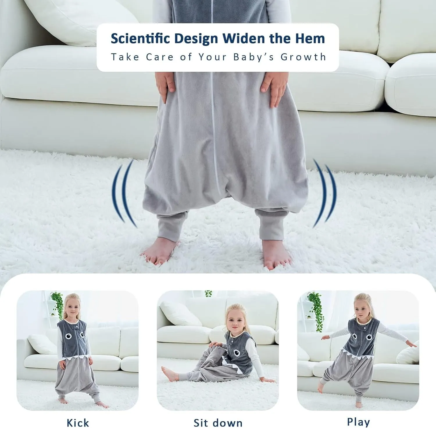 MICHLEY Toddler Sleeping Sack with Feet Newborn Infant Sleeveless Sleeping Bag 2-way Zipper Baby Wearable Blanket for Walkers,Grey Shark,1-3T