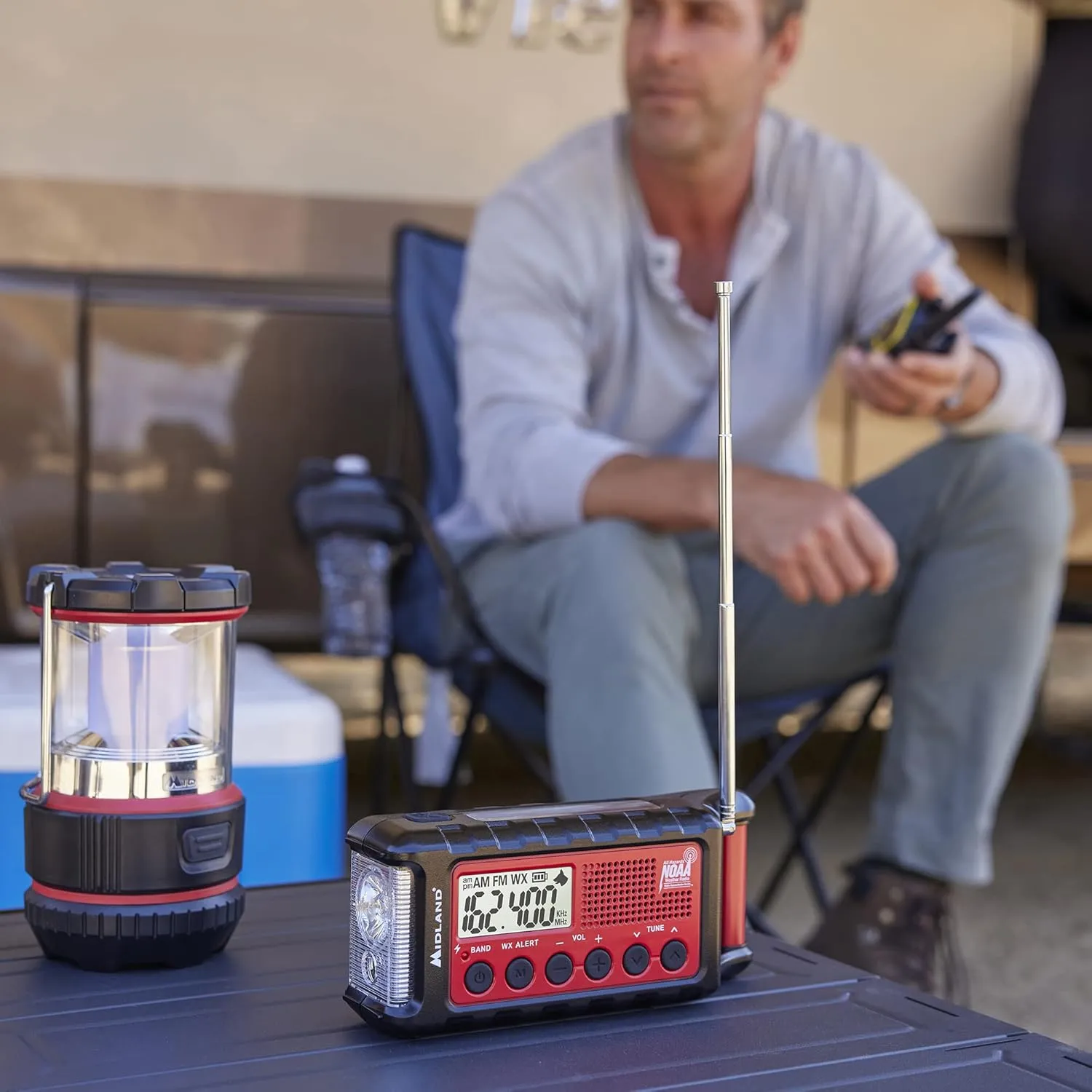 Midland - ER310, Emergency Crank Weather AM/FM Radio - Multiple Power Sources, SOS Emergency Flashlight, Ultrasonic Dog Whistle, & NOAA Weather Scan   Alert (Red/Black)