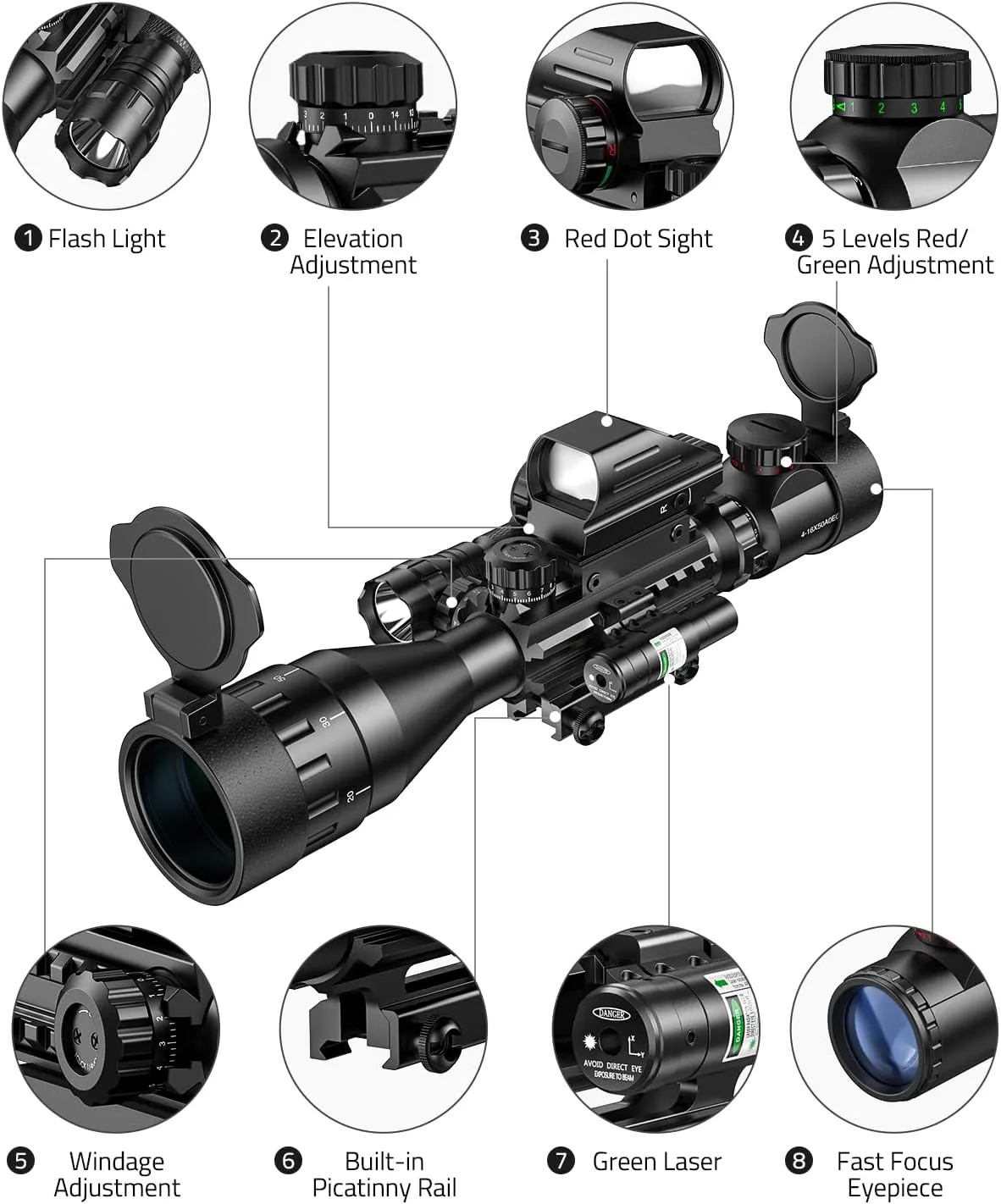 MidTen 4-16x50 AO Tactical Rifle Scope Dual Illuminated Optics & Illuminated Reflex Sight 4 Holographic Reticle Red/Green Dot Sight & Laser Sight & Flashlight
