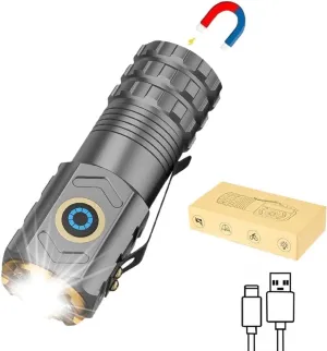 Mini LED Flashlights -Super Bright Samll LED Magnetic Flashlight with Clip, USB C Rechargeable,5 Light Modes,Long Beam Pocket Flashlight for Hiking, Camping,EDC Carry, Small, Silver S500