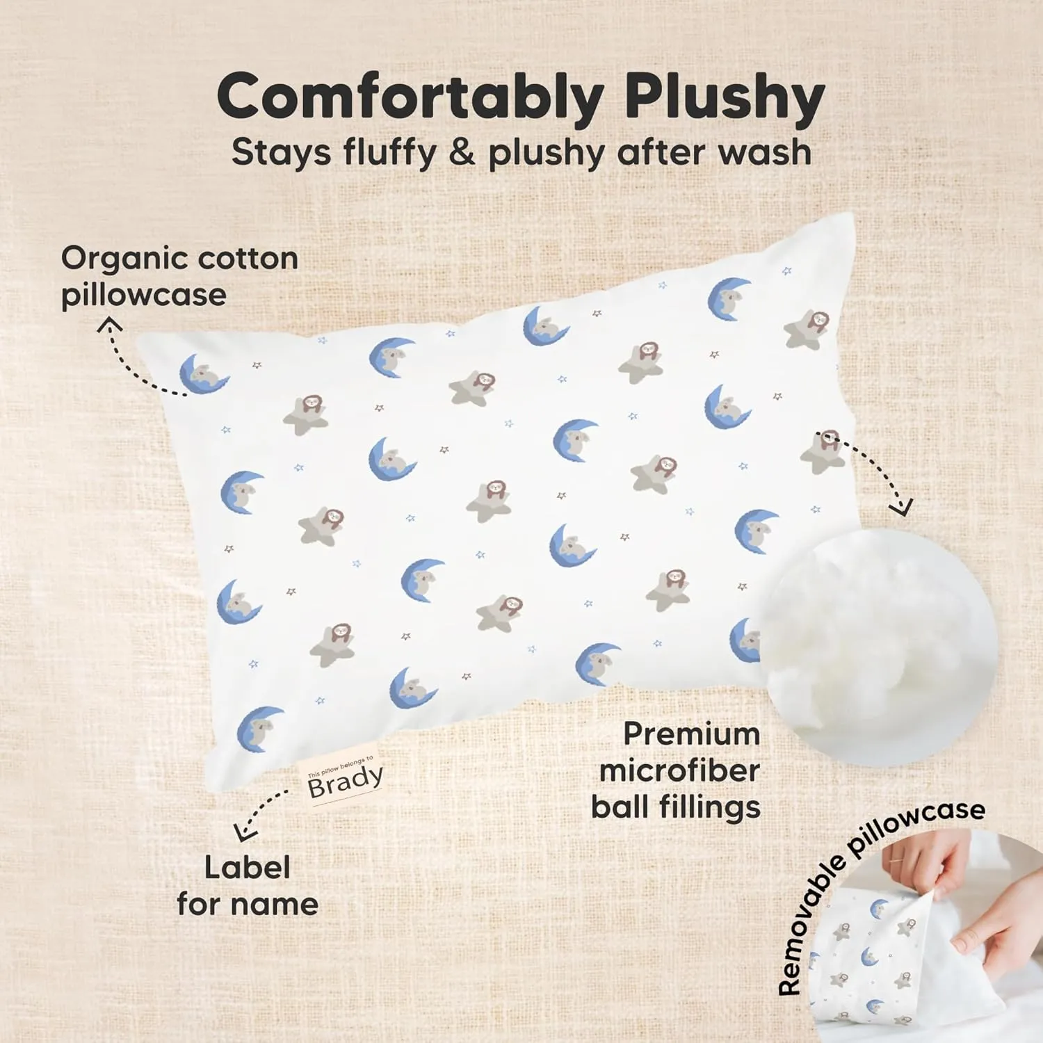 Mini Toddler Pillow with Pillowcase - 9x13 My Little Dreamy Travel Kids Pillow for Sleeping, Toddler Bed, Small, Tiny, Organic Cotton Pillowcase, Soft & Breathable, Kids 2-4 Years Old (Construction)