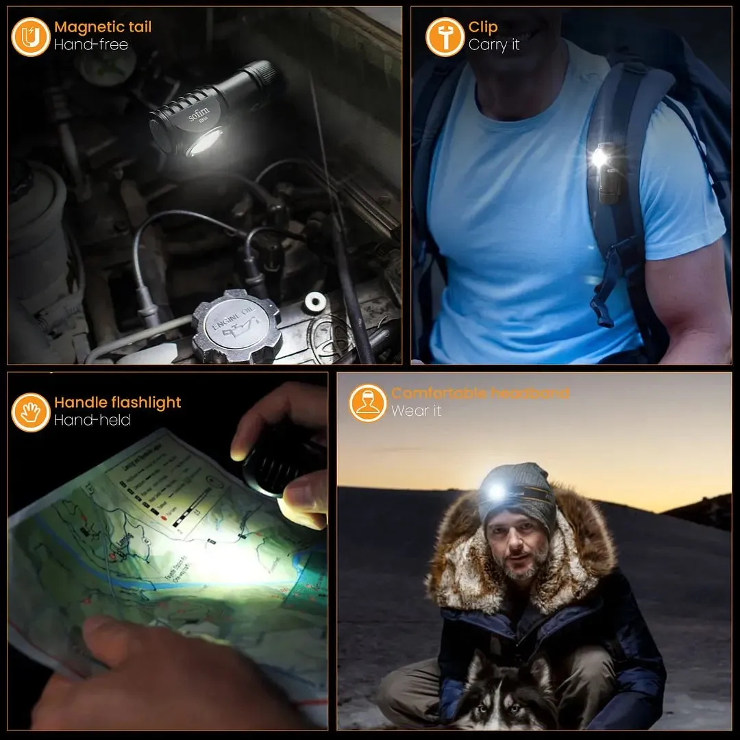 Mini USB-C Rechargeable Headlamp 1100lm 90 CRI Angle Flashlight with TIR Optics and Magnetic Tail