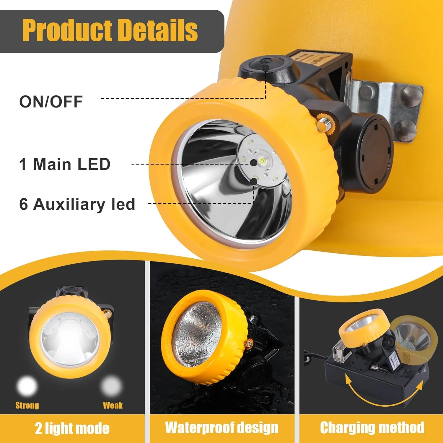 Mining Headlight Coon Hunting Light Mining Lights Rechargeable Mining Cap Lamp Flashlight 7 LEDs Explosion Proof Hard Hat BK3000 for Hunting Fishing Hiking(Yellow)