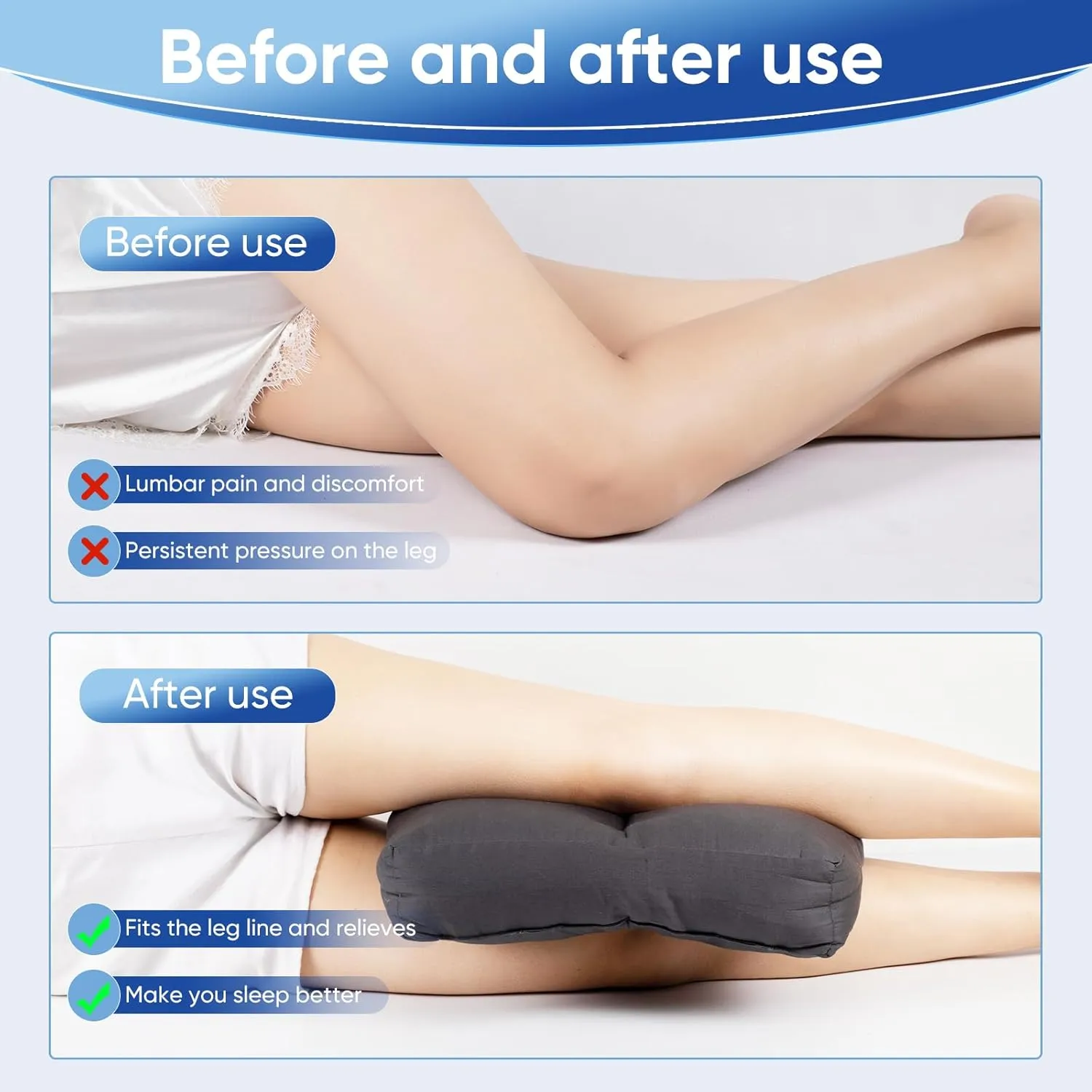 MINUPWELL Knee Pillow for Side Sleepers, 6" Leg Pillow for Side Sleeping, 100% Cotton Fabric Pillow for Between Knees While Sleeping - High Support Alternative for Relieving Leg, Back, and Knee Pain