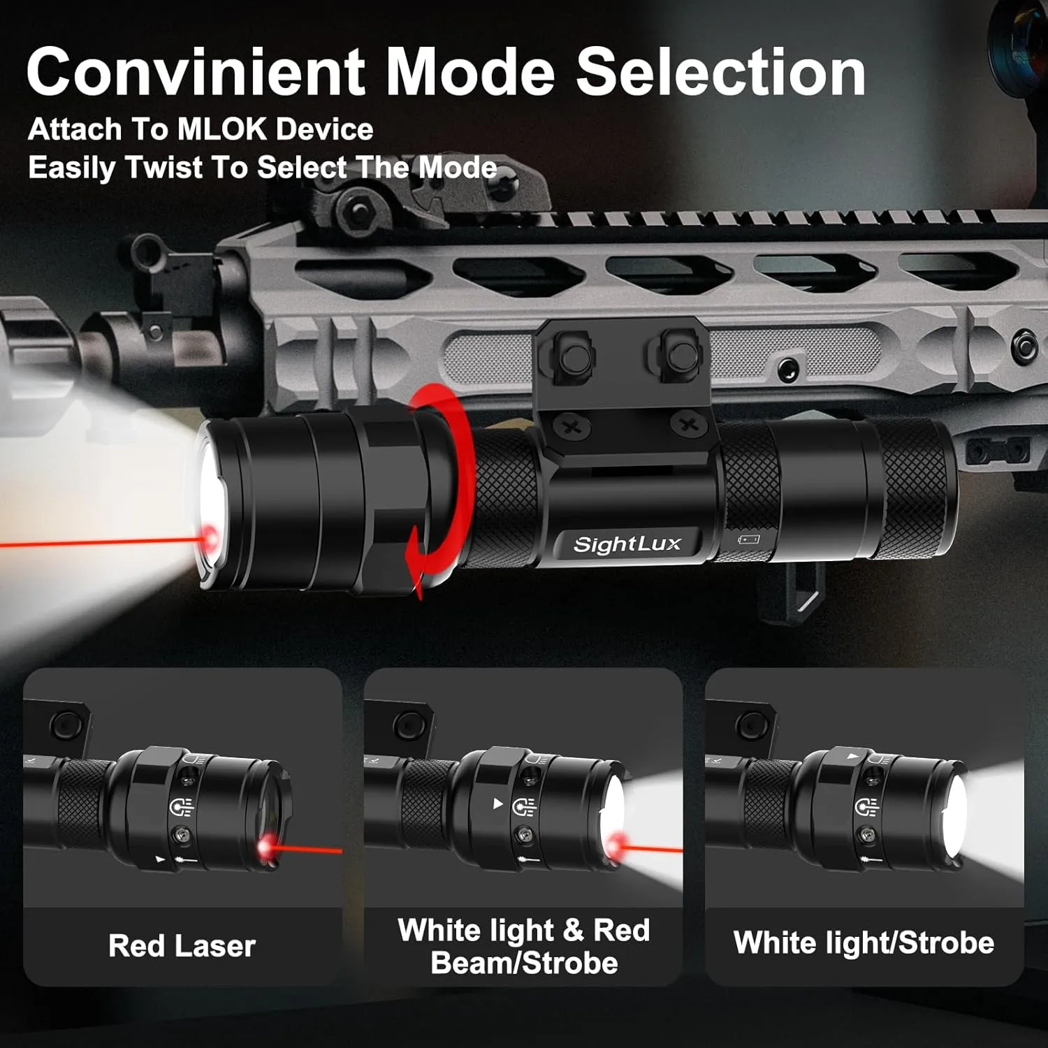 Mlok Flashlight Laser Combo for Rifle - 1250 Lumens Red Pistol Laser Light Combo for Long Gun,USB Rechargeable Tactical Weapon Flashlight with Remote Pressure Switch, 3 Modes, Black