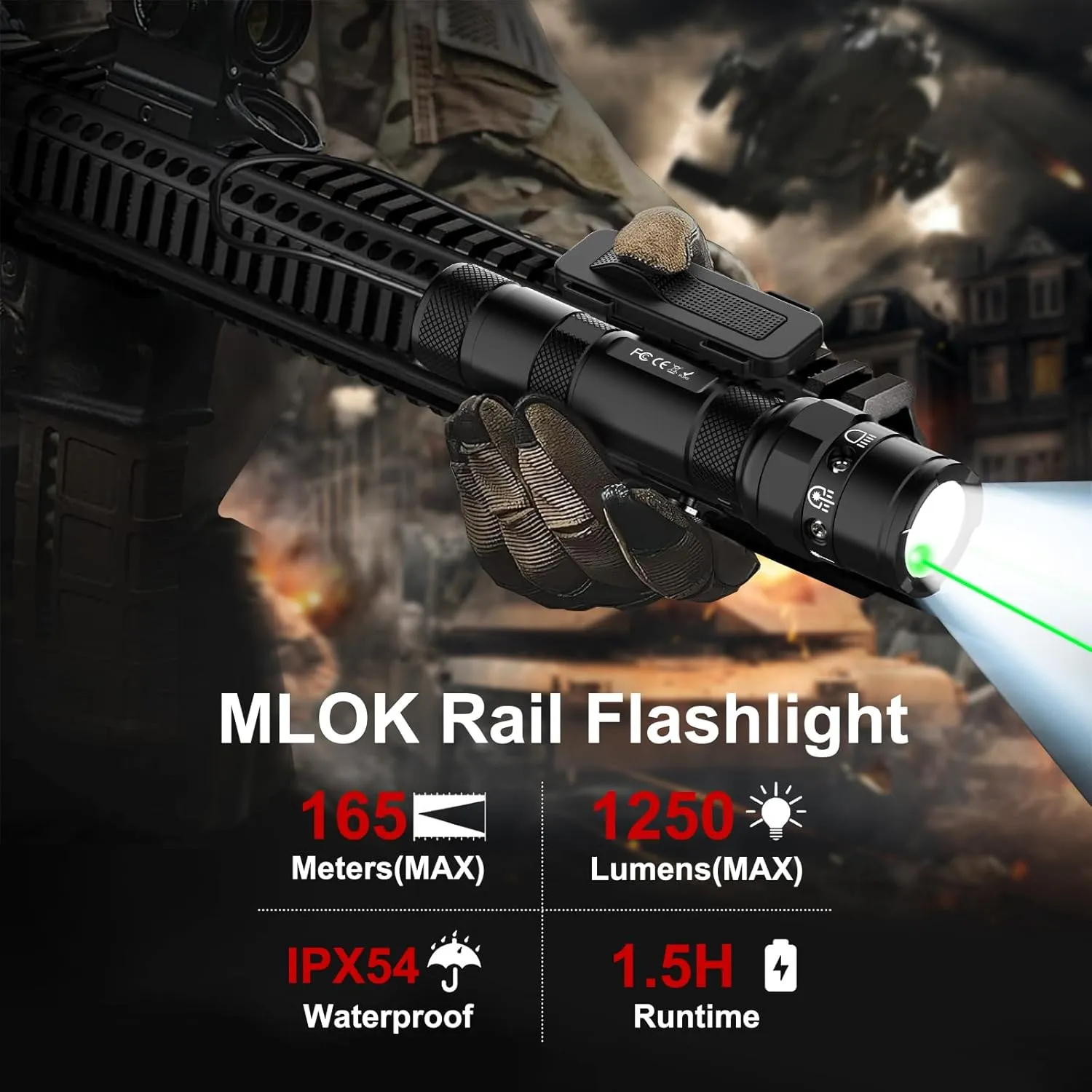 Mlok Flashlight Laser Combo for Rifle - 1250 Lumens Red Pistol Laser Light Combo for Long Gun,USB Rechargeable Tactical Weapon Flashlight with Remote Pressure Switch, 3 Modes, Black