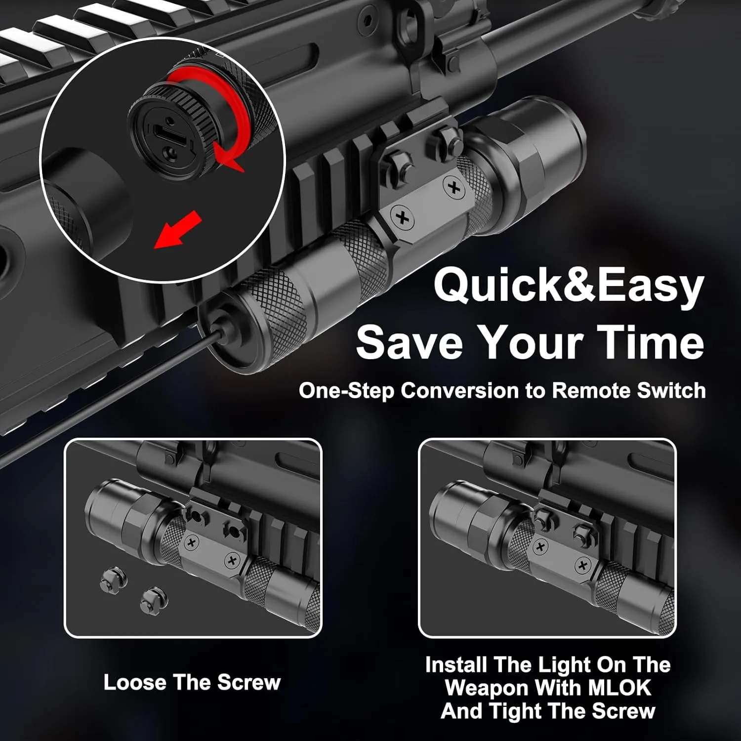 Mlok Flashlight Laser Combo for Rifle - 1250 Lumens Red Pistol Laser Light Combo for Long Gun,USB Rechargeable Tactical Weapon Flashlight with Remote Pressure Switch, 3 Modes, Black