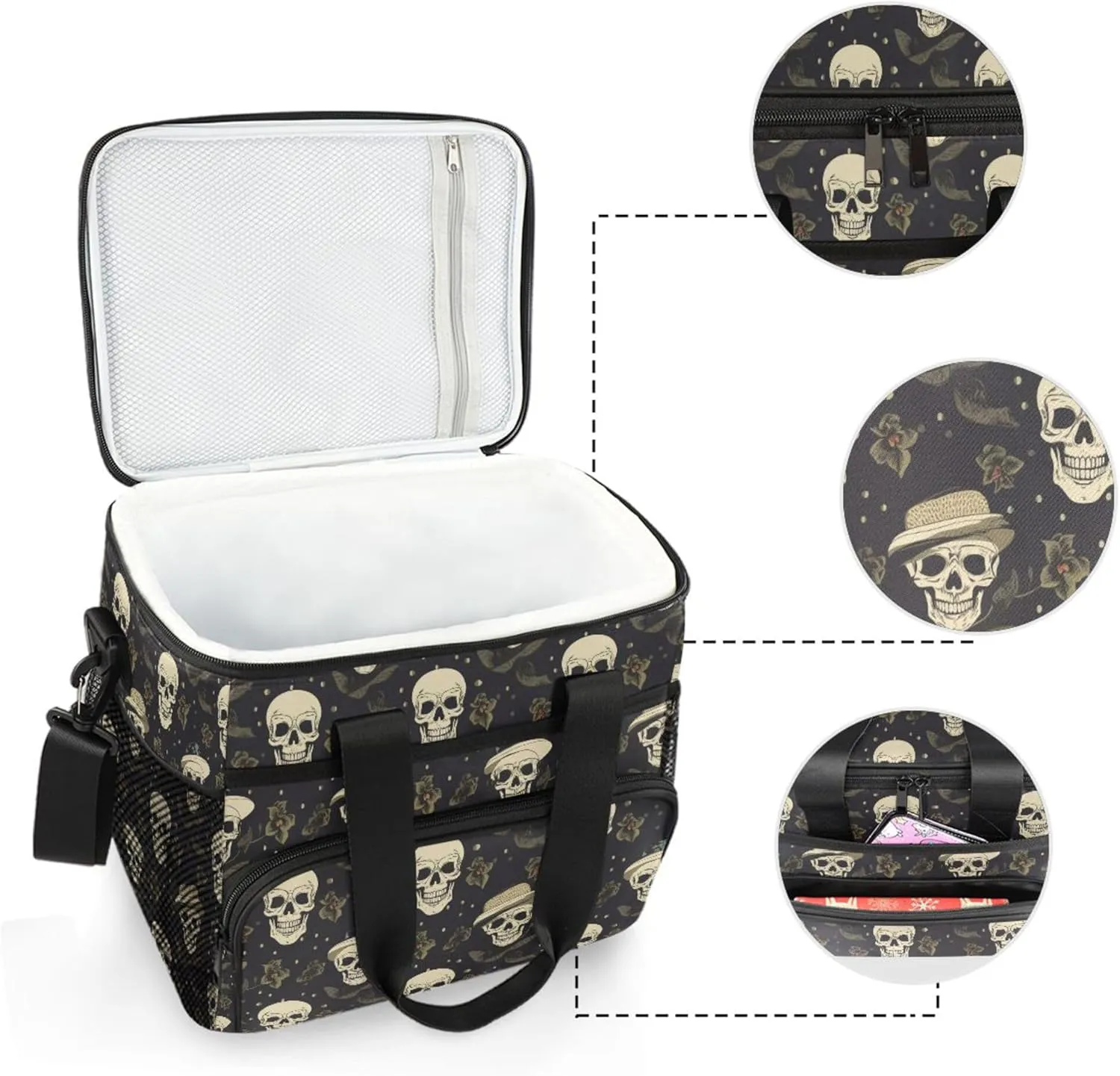 MNSRUU Cooler Bag Gothic Skull Cat Rose Soft Cooler Bag Insulated Lunch Totes Picnic Bag Beach Cooler Lunch Box Container with Adjustable Shoulder Strap