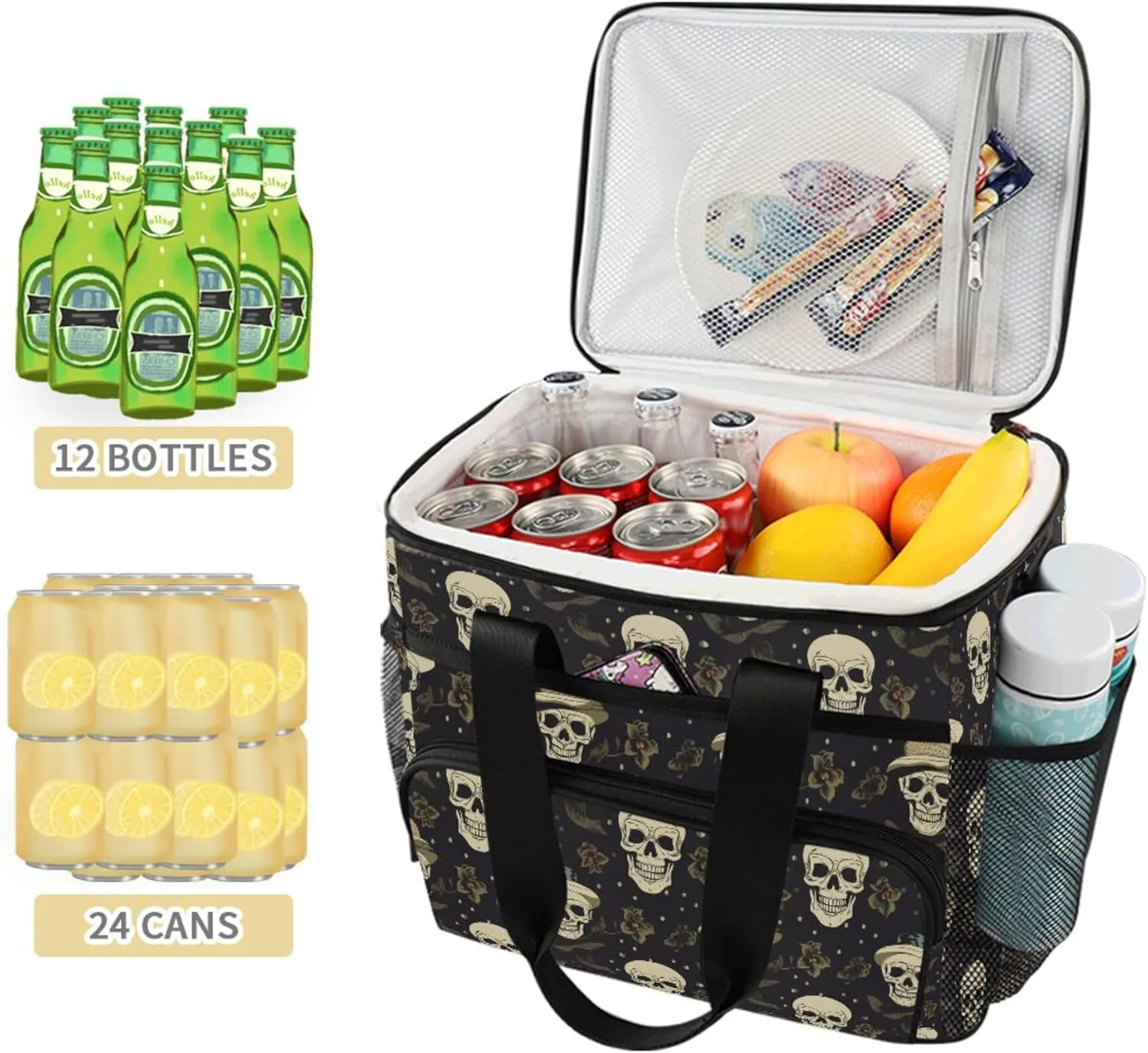 MNSRUU Cooler Bag Gothic Skull Cat Rose Soft Cooler Bag Insulated Lunch Totes Picnic Bag Beach Cooler Lunch Box Container with Adjustable Shoulder Strap