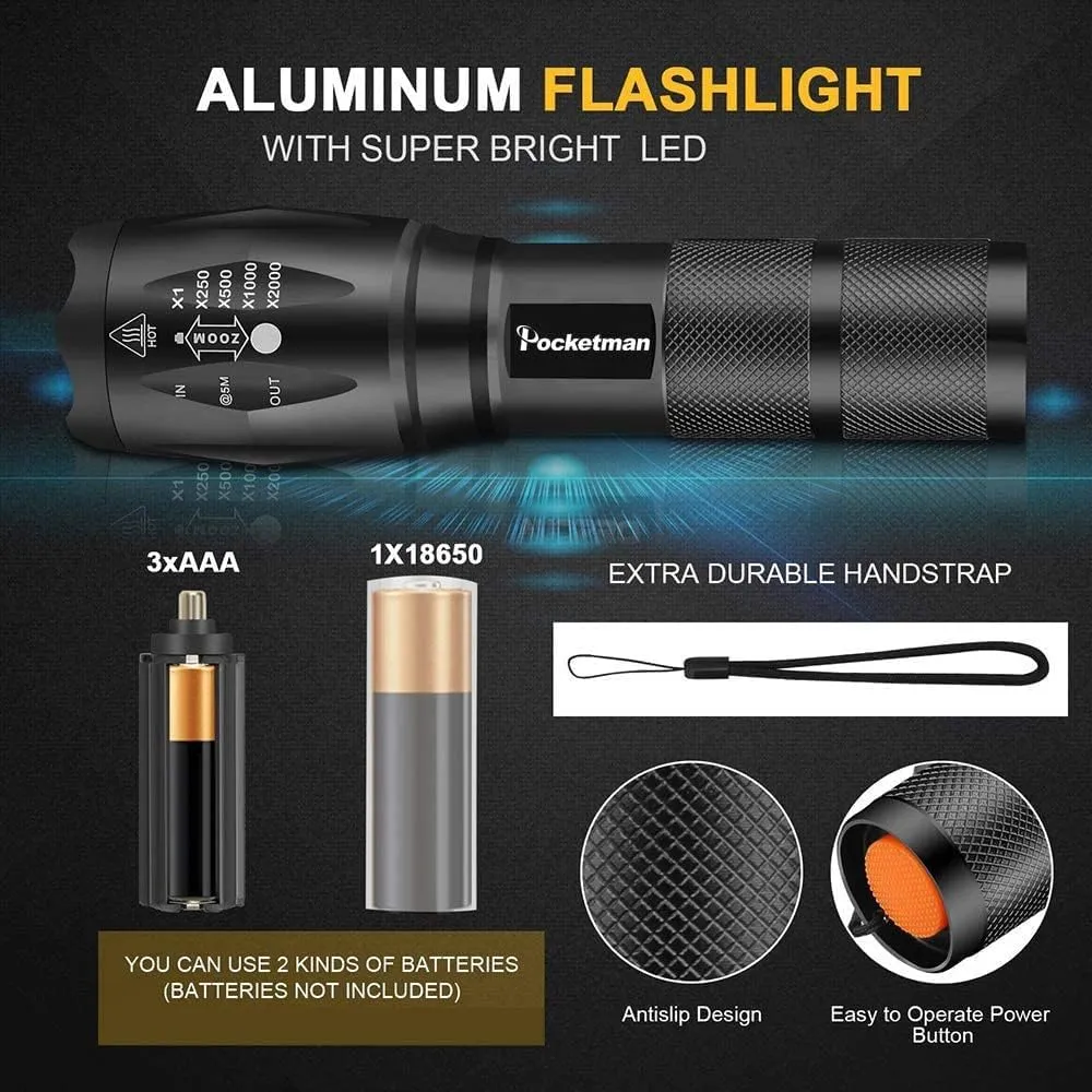 MODOAO 1500LM LED Flashlight Waterproof Zoomable Tactical Flashlight with 5 Light Modes for Hiking, Camping, Emergency (5 Pack-A)