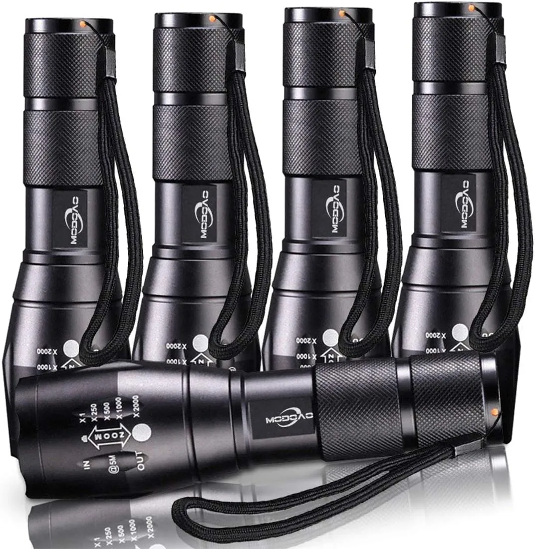 MODOAO 1500LM LED Flashlight Waterproof Zoomable Tactical Flashlight with 5 Light Modes for Hiking, Camping, Emergency (5 Pack-A)