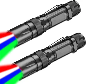 MODOAO Led Flashlights 4 in 1 White Red Green Blue Light with 5 Lighting Modes Zoomable Small Torch with Cilp Rechargeable Waterproof Flash Light with Detachable Lampshade (2Packs)