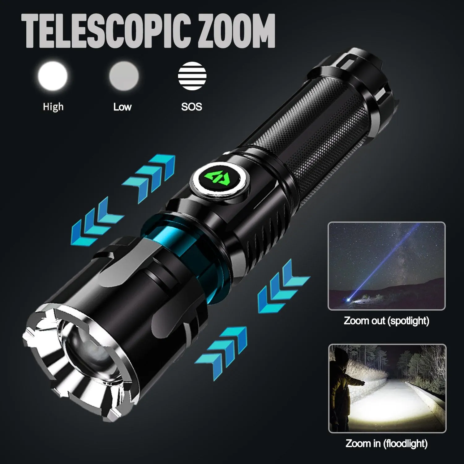 MODOAO LED Flashlights High Lumens Super Bright Camping Flashlights with 3 Modes Zoomable Beam -USB Changing Handheld Flashlights Powerful and Bright for Outdoor Use (1 Pack)