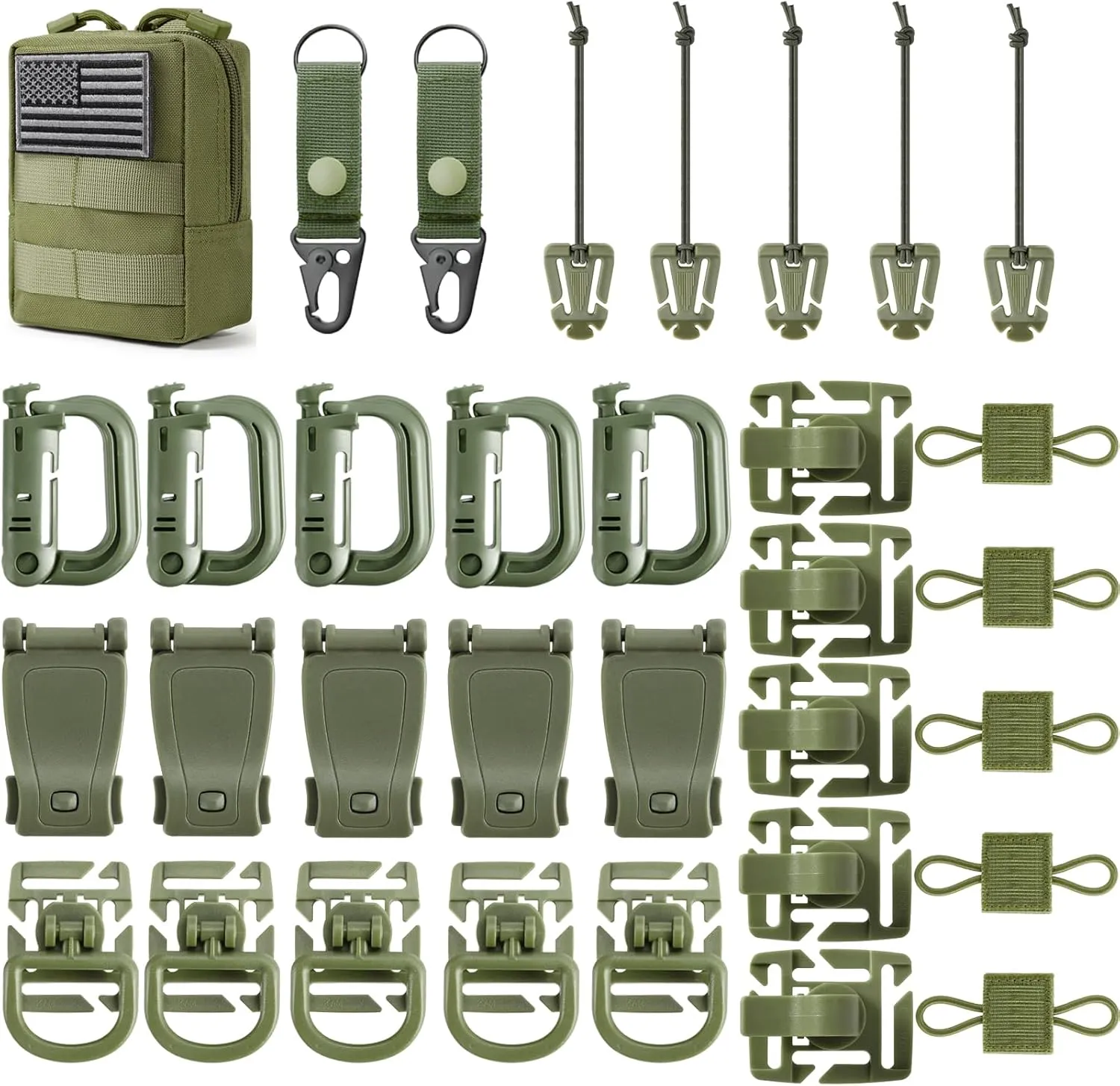 Molle Accessories Kit of 34 Attachments for Tactical Backpack Belt Vest D-Ring Locking Gear Clip for 1“ Webbing Strap