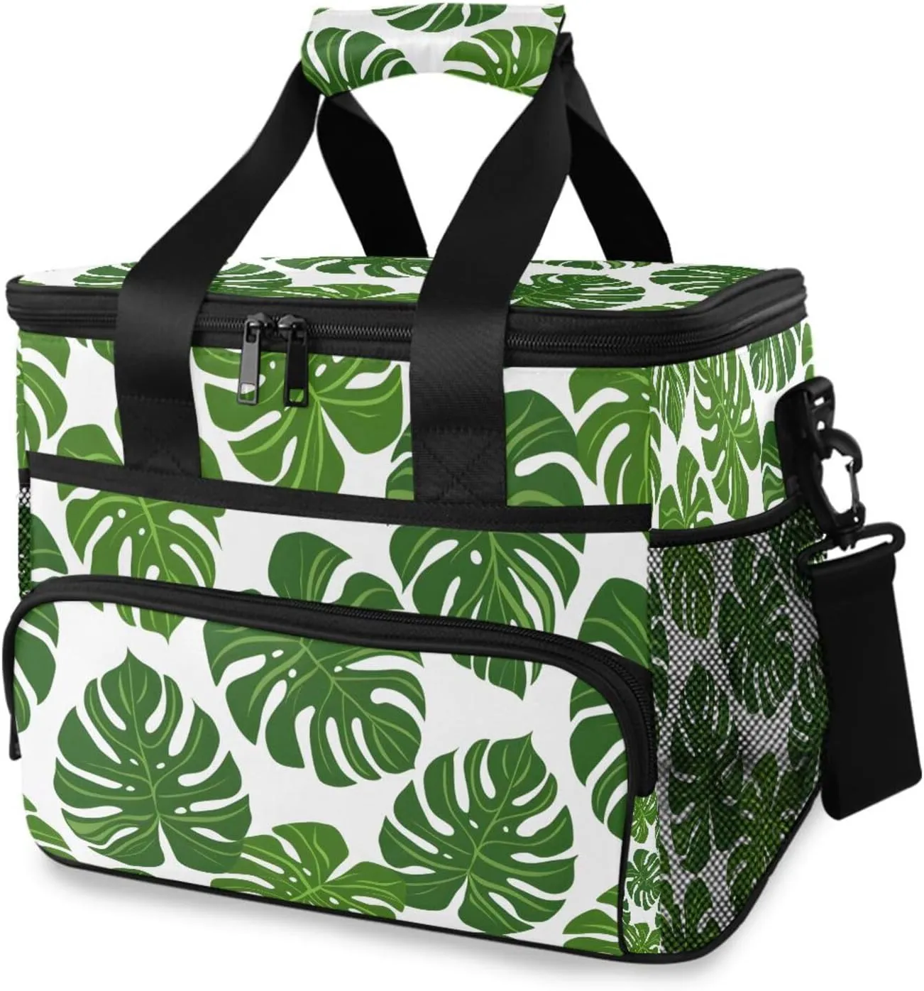 Monstera Leaf Tropical Plant Green Cooler Bag Insulated Cooler Soft Sided Cooler 24 Can Portable Picnic Bag Large Leakproof Lunch Bag Box for Beach Grocery Camping Travel Car Men Women