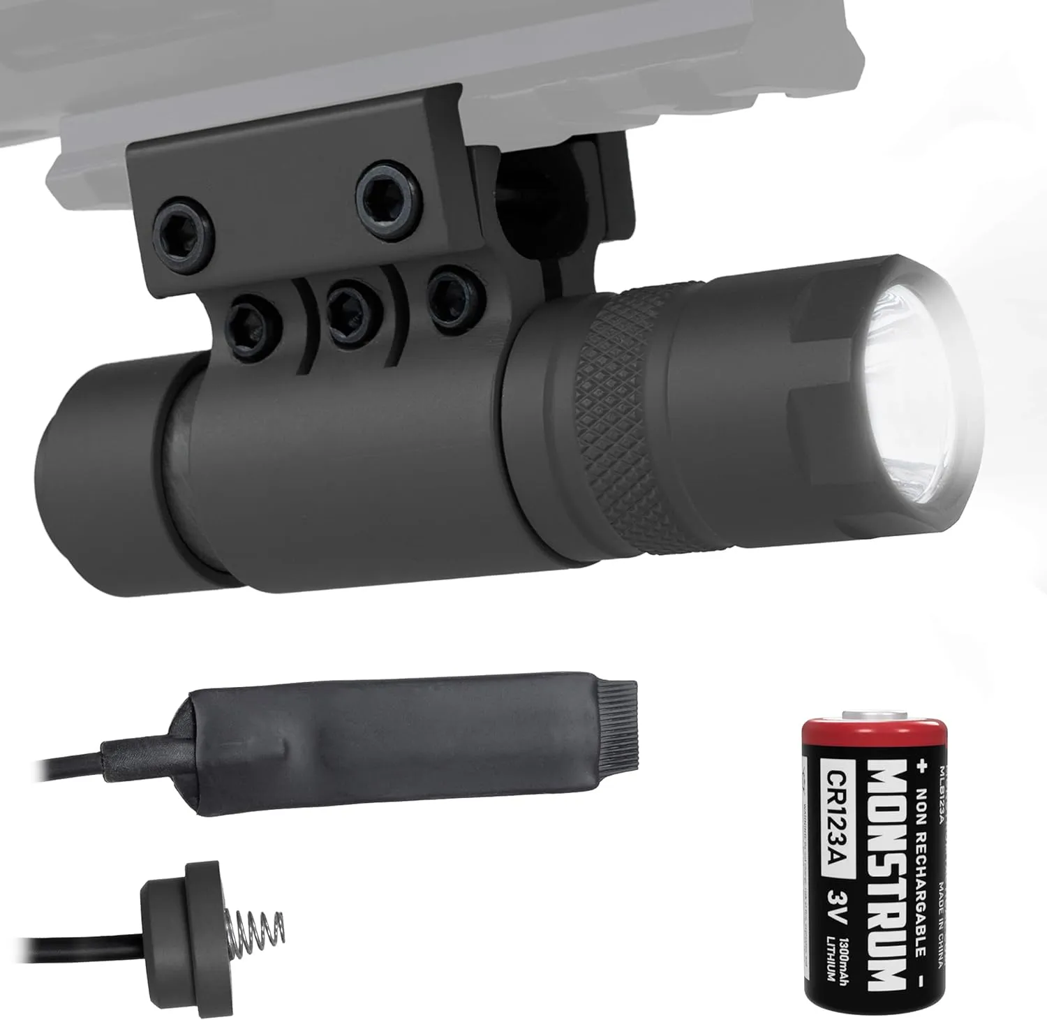 Monstrum Tactical 90 Lumens LED Flashlight with Rail Mount and Detachable Remote Pressure Switch