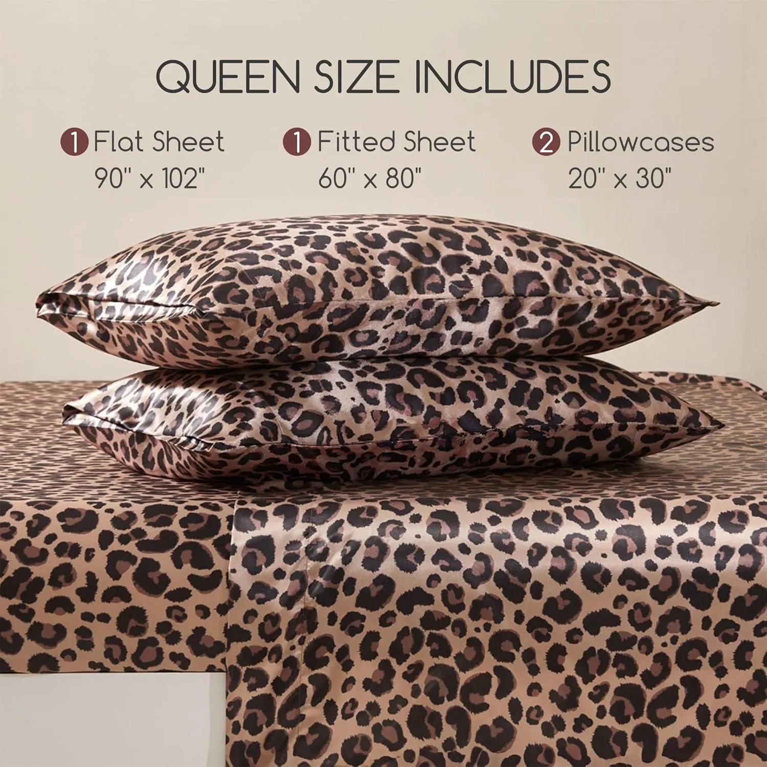 MR&HM Satin Bed Sheets with Elastic Corner Straps, Queen Size Sheets Set, 4 Pcs Silky Bedding Set with 15 Inches Deep Pocket for Mattress (Queen, Brown Leopard)