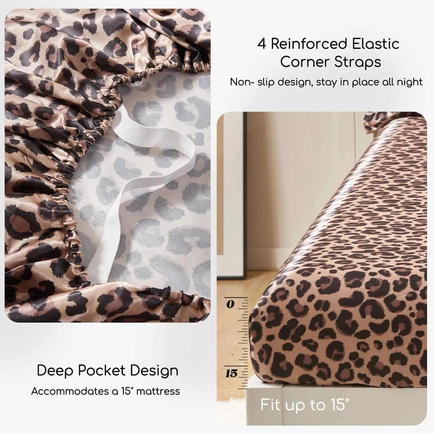 MR&HM Satin Bed Sheets with Elastic Corner Straps, Queen Size Sheets Set, 4 Pcs Silky Bedding Set with 15 Inches Deep Pocket for Mattress (Queen, Brown Leopard)