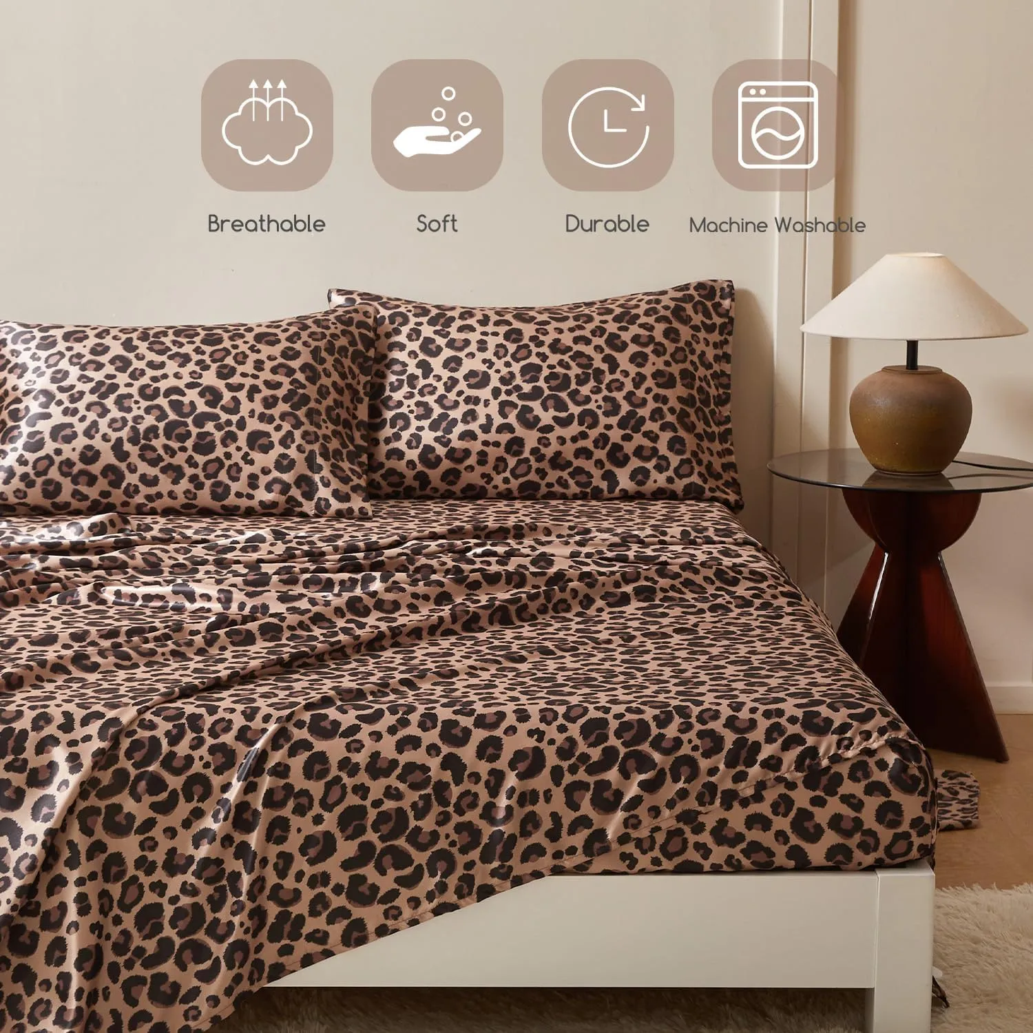 MR&HM Satin Bed Sheets with Elastic Corner Straps, Queen Size Sheets Set, 4 Pcs Silky Bedding Set with 15 Inches Deep Pocket for Mattress (Queen, Brown Leopard)