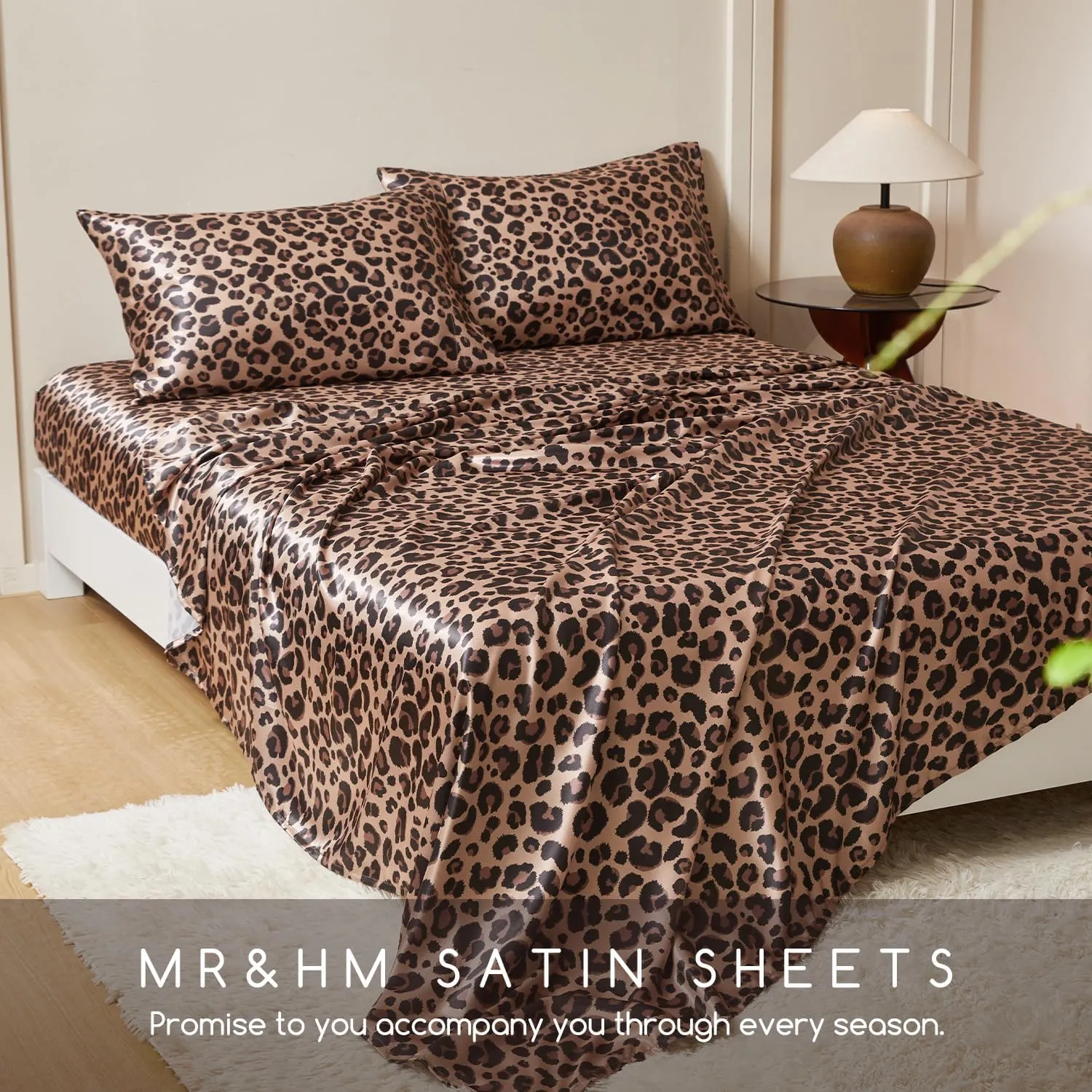 MR&HM Satin Bed Sheets with Elastic Corner Straps, Queen Size Sheets Set, 4 Pcs Silky Bedding Set with 15 Inches Deep Pocket for Mattress (Queen, Brown Leopard)
