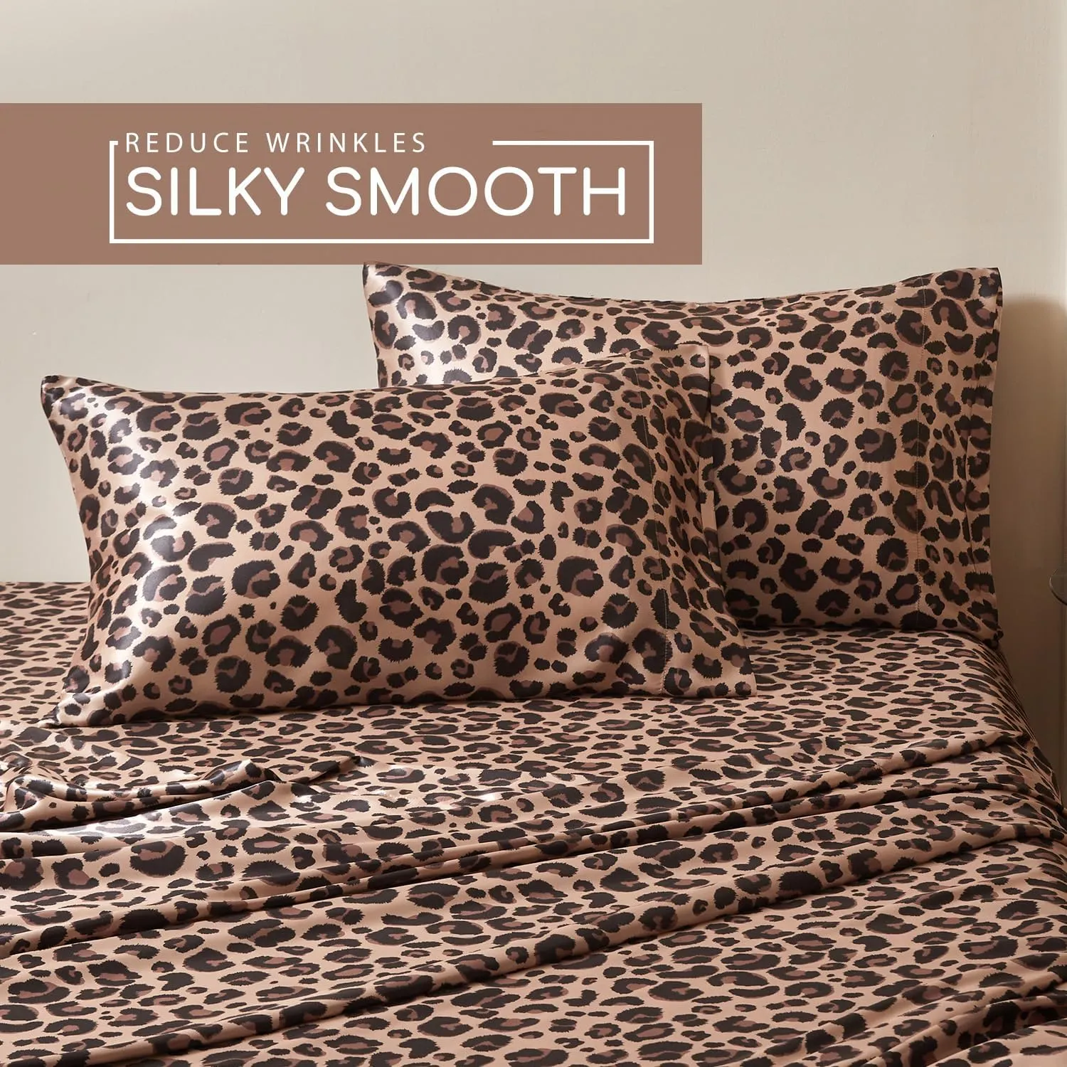 MR&HM Satin Bed Sheets with Elastic Corner Straps, Queen Size Sheets Set, 4 Pcs Silky Bedding Set with 15 Inches Deep Pocket for Mattress (Queen, Brown Leopard)