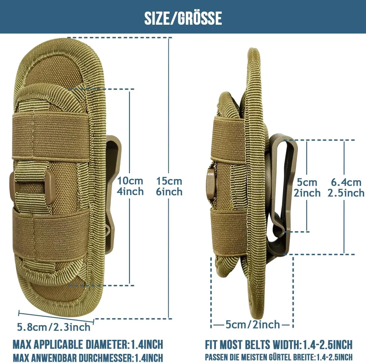 MUCHER 2 Pack Molle Flashlight Holster Duty Belt Tactical Flashlight Holder Flashlight Pouch Rotatable Torch Carry Case with 360 Degree Carabiner Reel Clip for Outdoor Hiking Hunting Camping Training