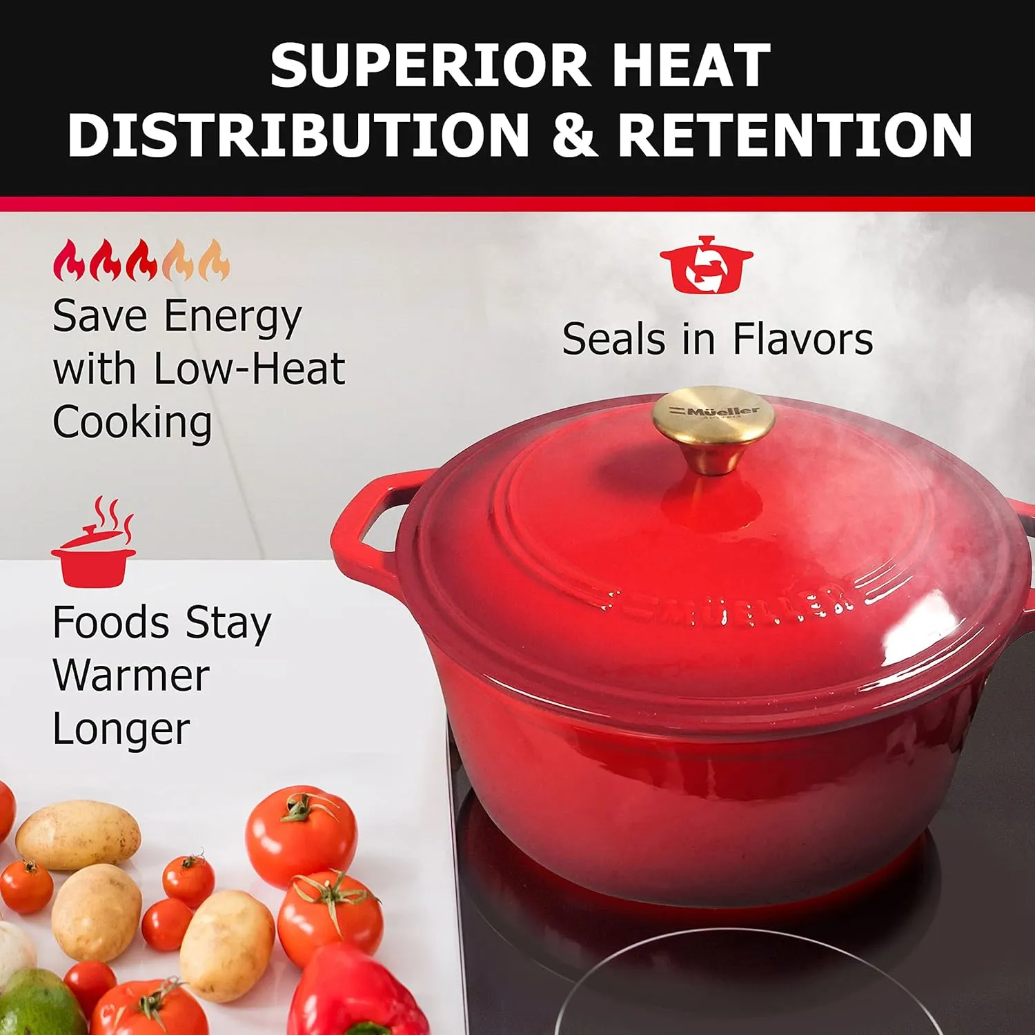 Mueller 6 Qt Enameled Cast Iron Dutch Oven, Heavy-Duty Casserole Dish and Braiser Pan with Lid and Stainless Knob, Safe for All Cooktops
