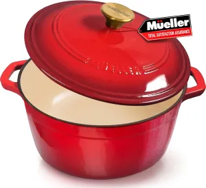 Mueller 6 Qt Enameled Cast Iron Dutch Oven, Heavy-Duty Casserole Dish and Braiser Pan with Lid and Stainless Knob, Safe for All Cooktops